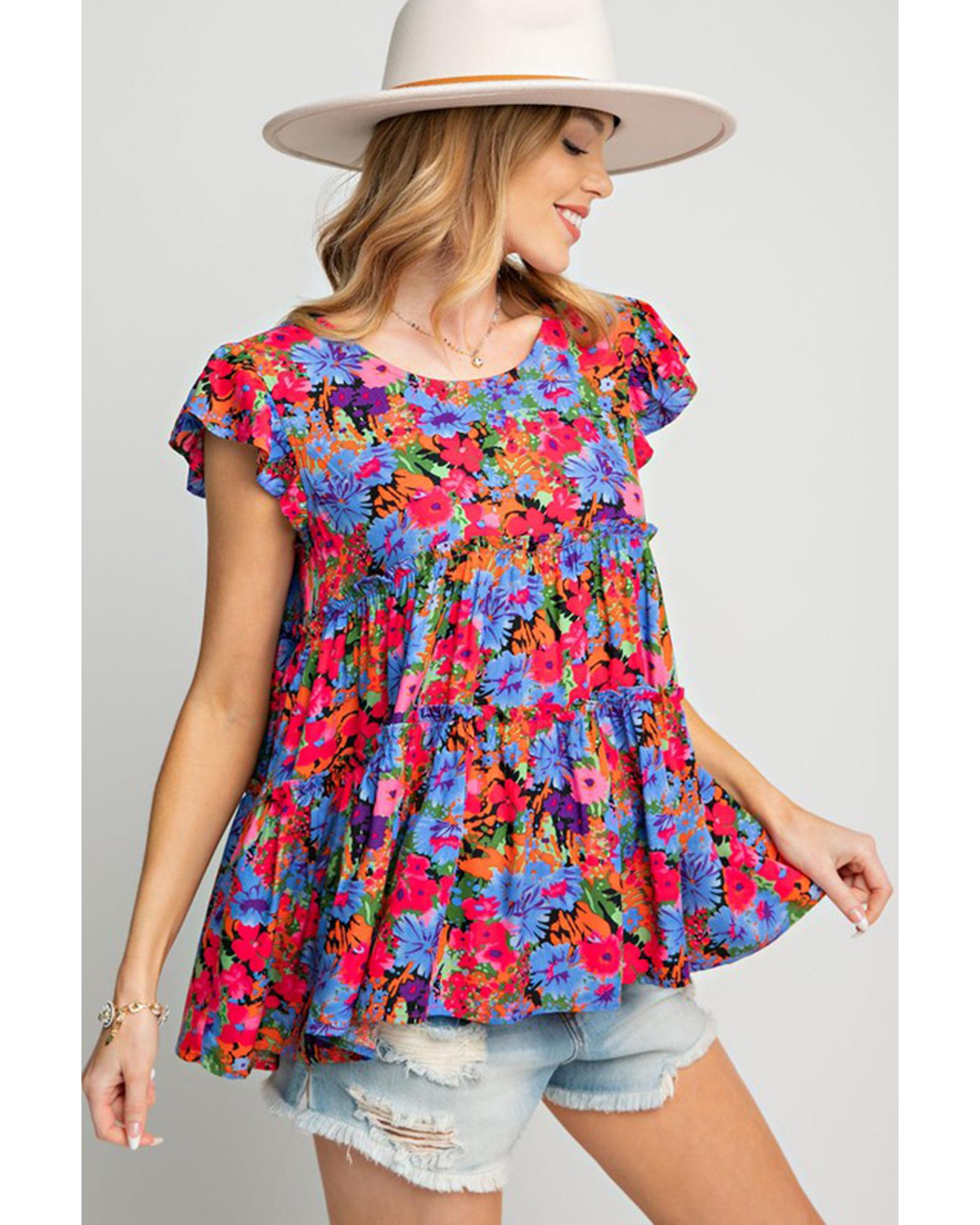 V539-AZEXDC25121259-22-S-202508061600-00 Azura Exchange Floral Print Ruffle Tiered Short Sleeve Babydoll Top - S - Image 1