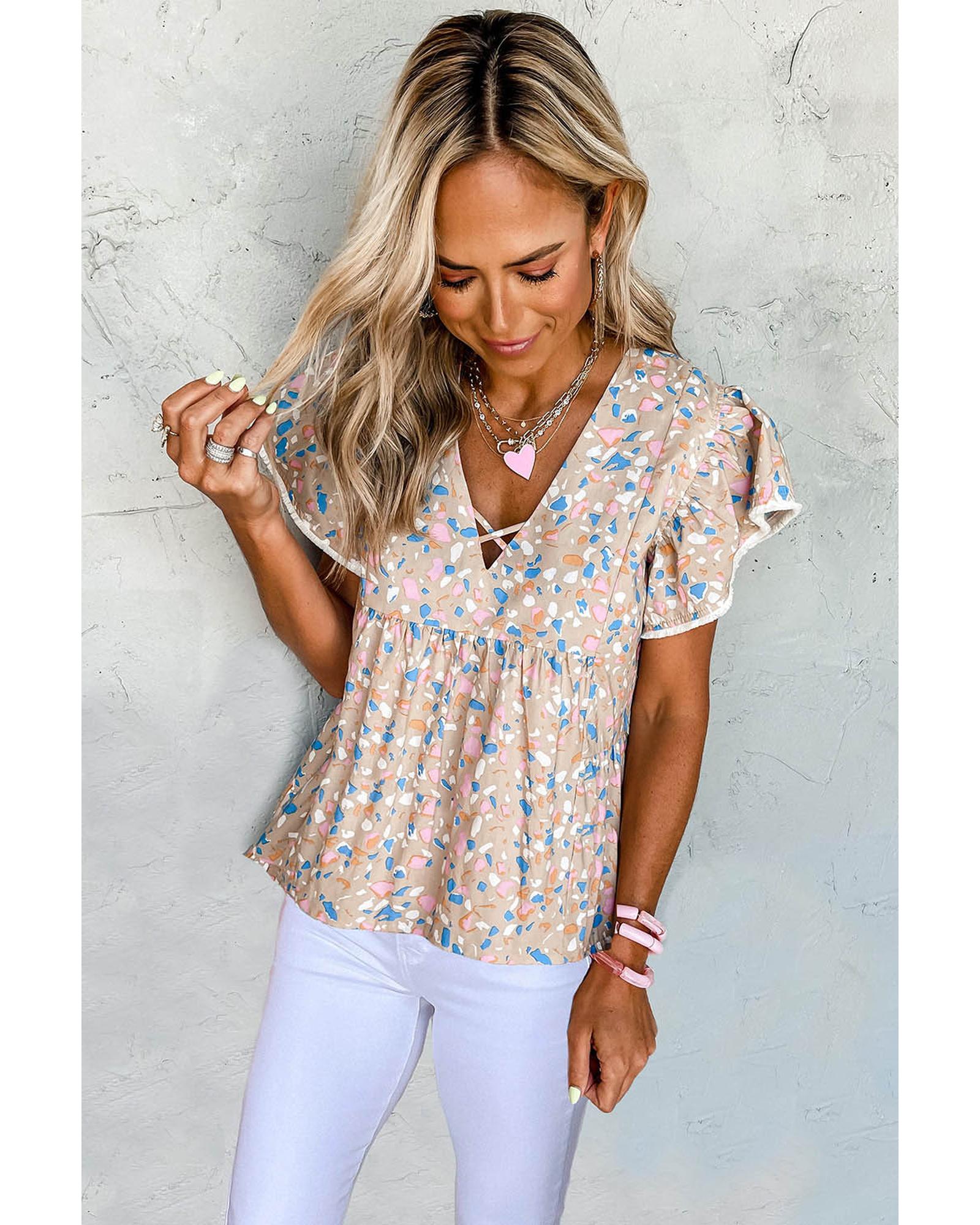V539-AZEXDC25121291-16-XL-202508261920-00 Azura Exchange Crisscross V Neck Ruffle Sleeve Printed Flowy Blouse - XL - Image 1
