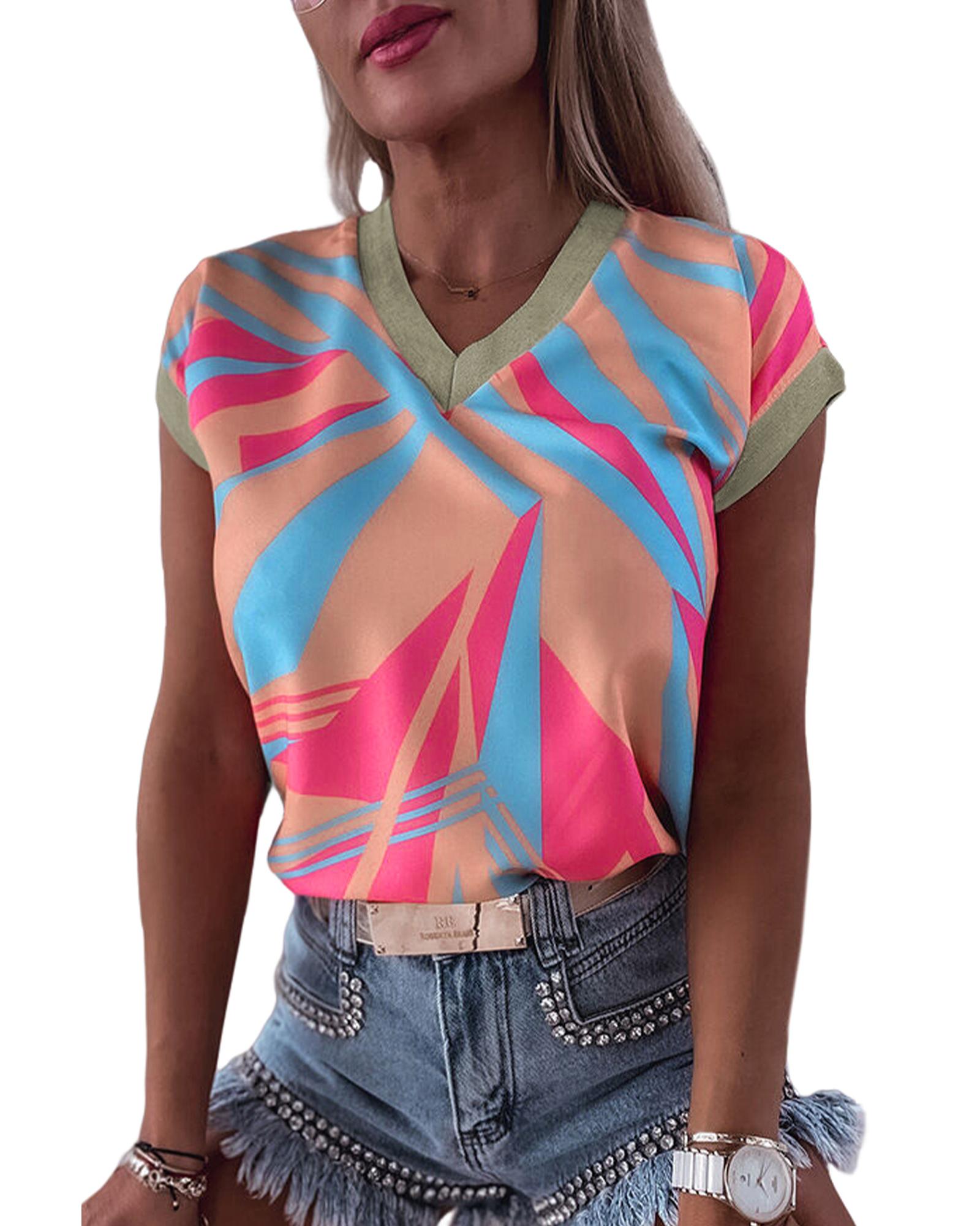V539-AZEXDC25121419-14-L-202508260115-00 Azura Exchange Geometric Print V Neck Blouse - L - Image 1