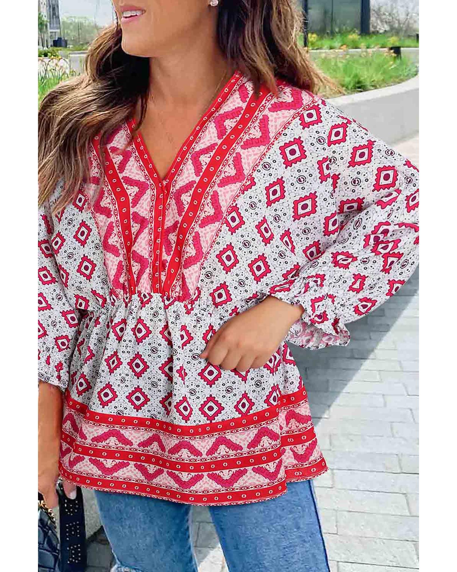 V539-AZEXDC25121616-3-M-202508271630-00 Red Geometric Print 3/4 Sleeve V-Neck Shirred Waist Flared Blouse - M - Image 1