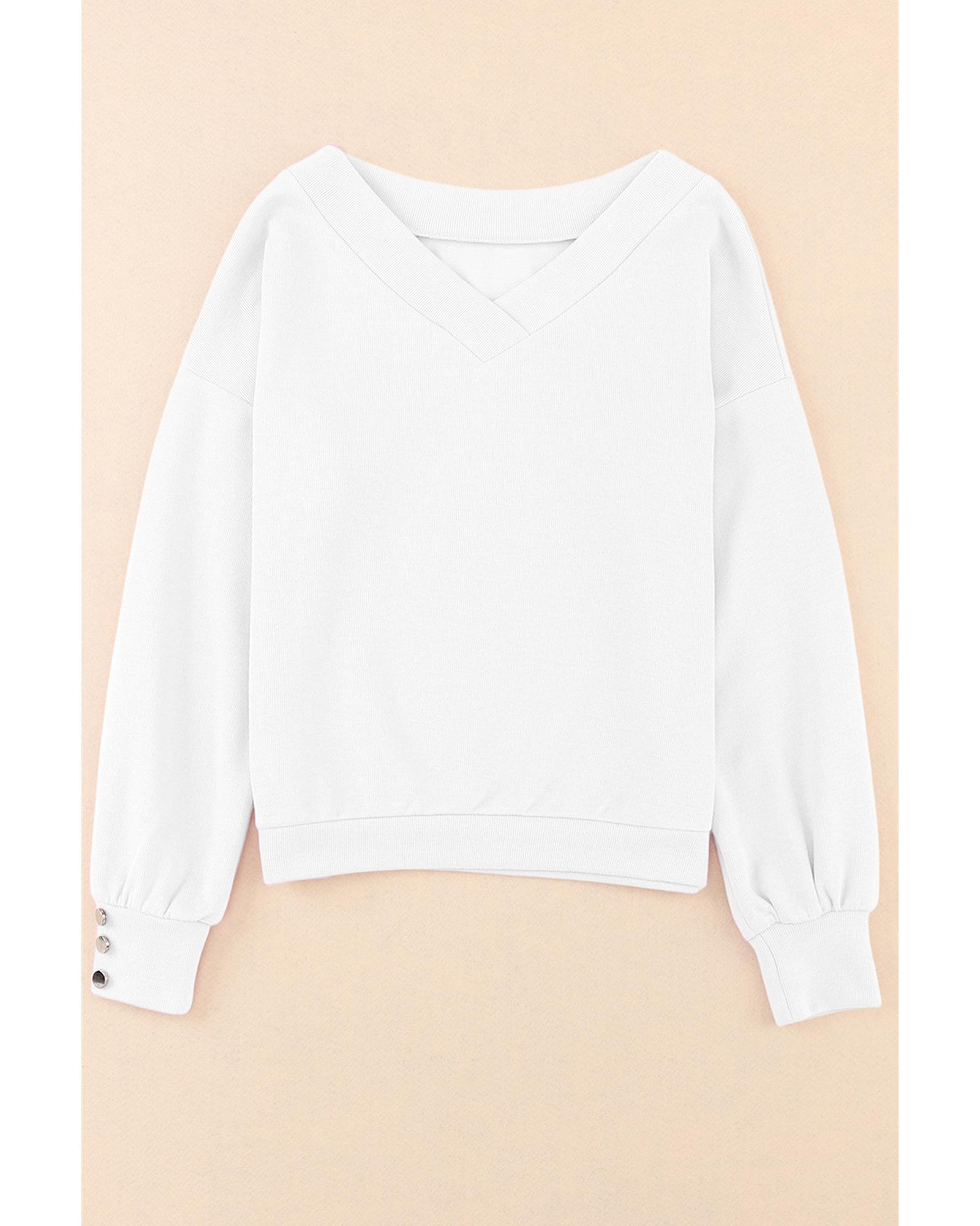 V539-AZEXDC25121618-1-S-202508272335-00 White Knitted V Neck Buttoned Cuffs Sweater - S - Image 1