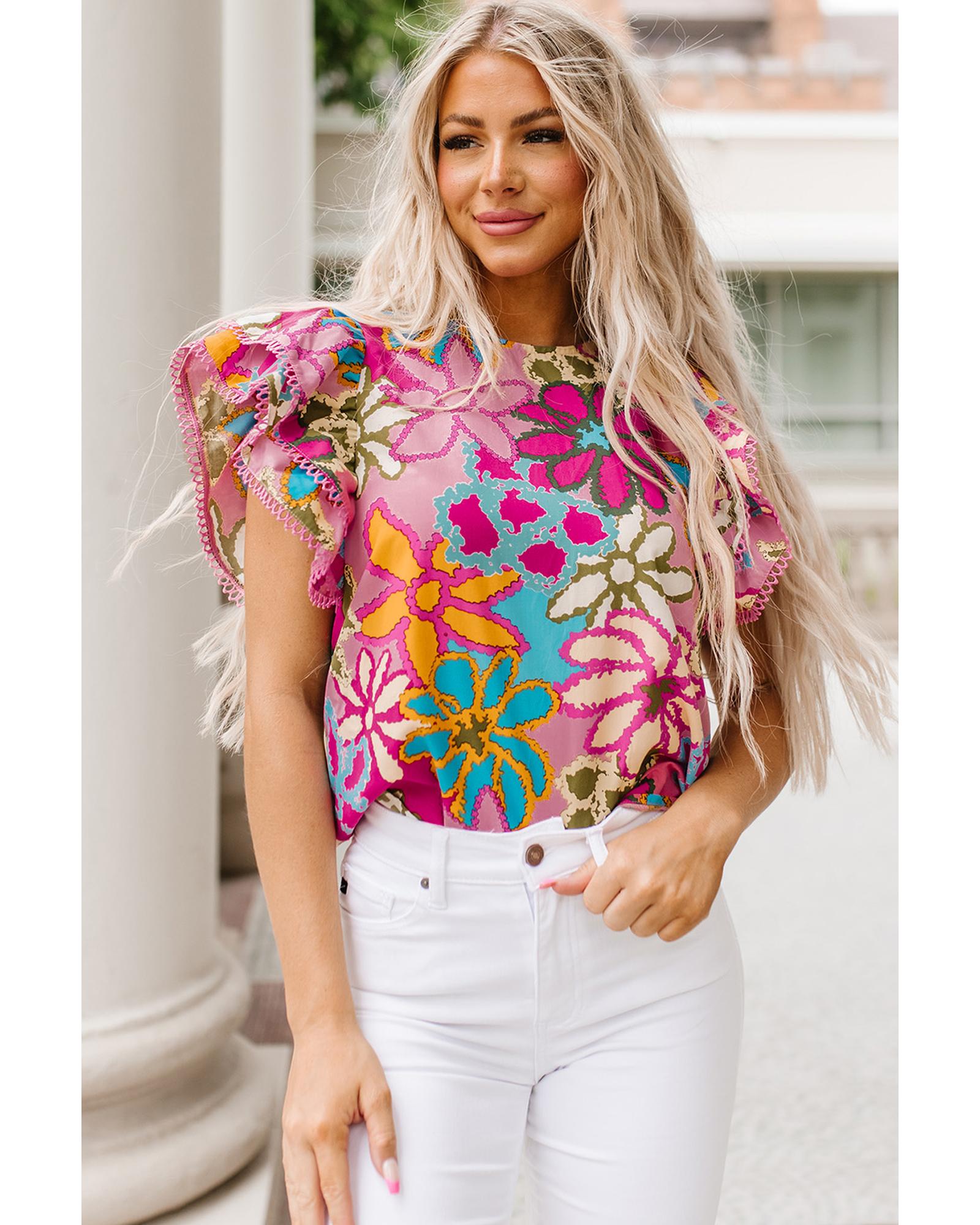 V539-AZEXDC25121673-22-L-202508252110-00 Azura Exchange Vibrant Floral Print Ruffle Sleeve Blouse - L - Image 1