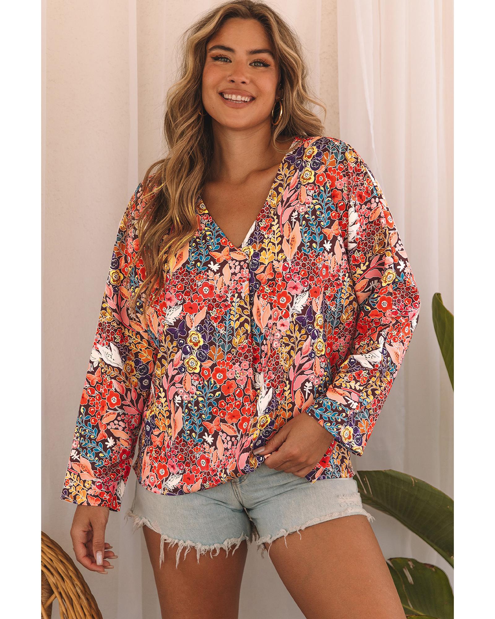 V539-AZEXDC25121689-22-M-202508290500-00 Azura Exchange Boho Floral Long Sleeve V-Neck Blouse - M - Image 1