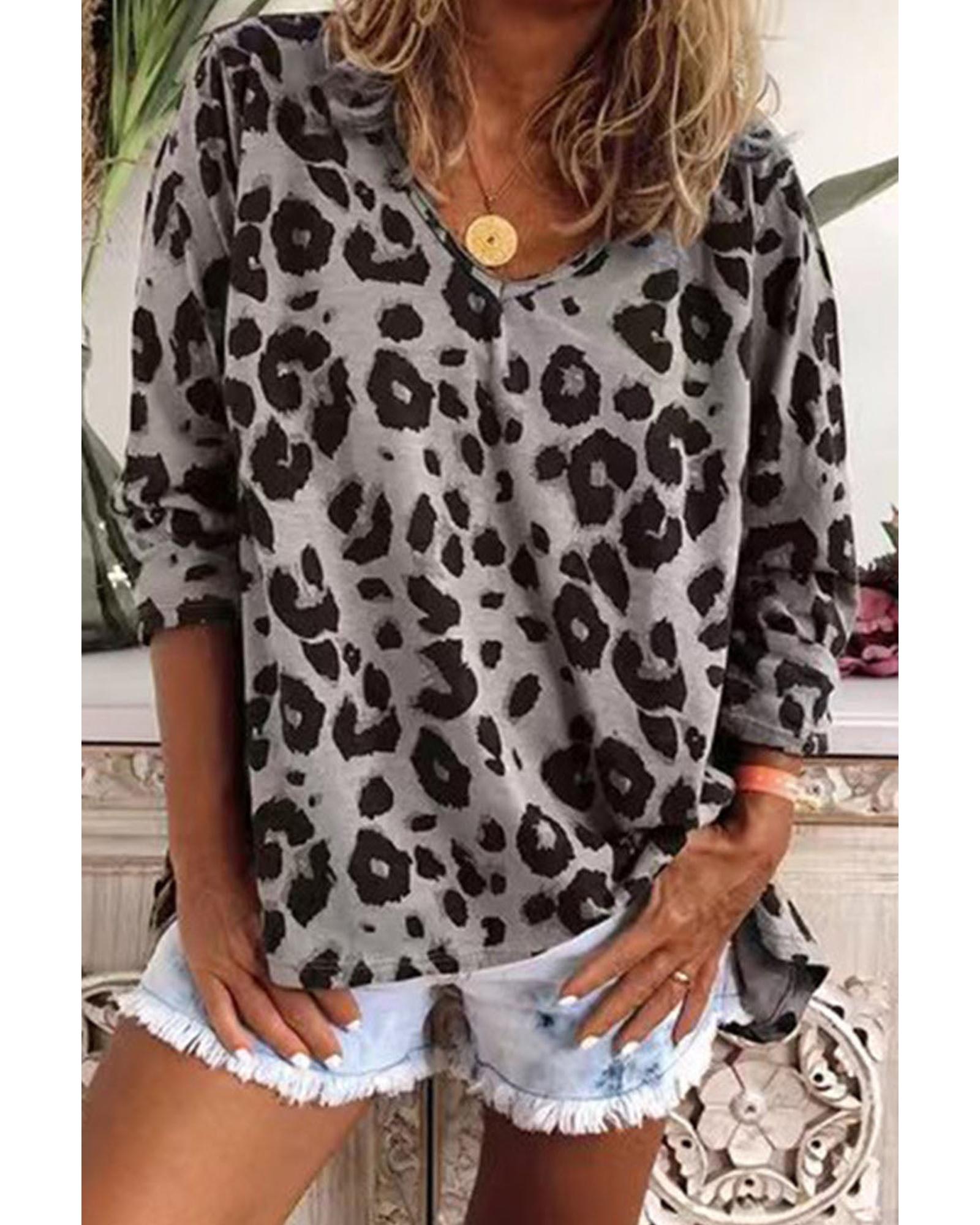 V539-AZEXDC25121724-11-M-202508312055-00 Azura Exchange Leopard Print V Neck Long Sleeve Top - M - Image 1