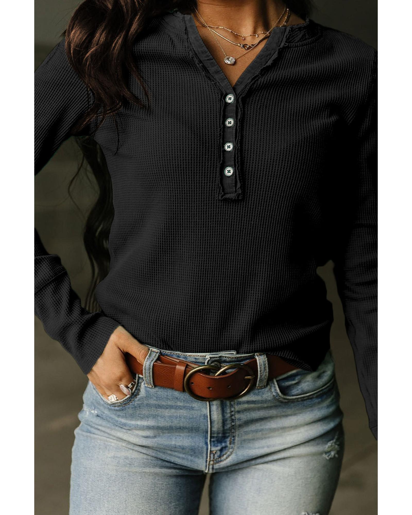 V539-AZEXDC25121882-2-S-202506112316-00 Black Trimmed Neckline Waffle Knit Henley Top - S - Image 1