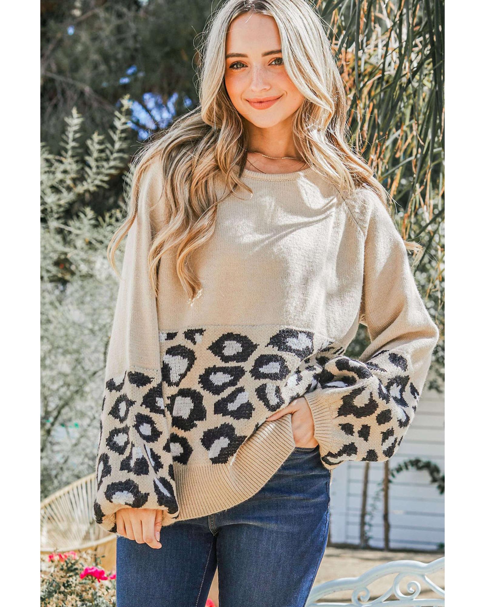 V539-AZEXDC25121964-16-M-202506112325-00 Khaki Leopard Patchwork Knitted Puff Sleeve Sweater - M - Image 1