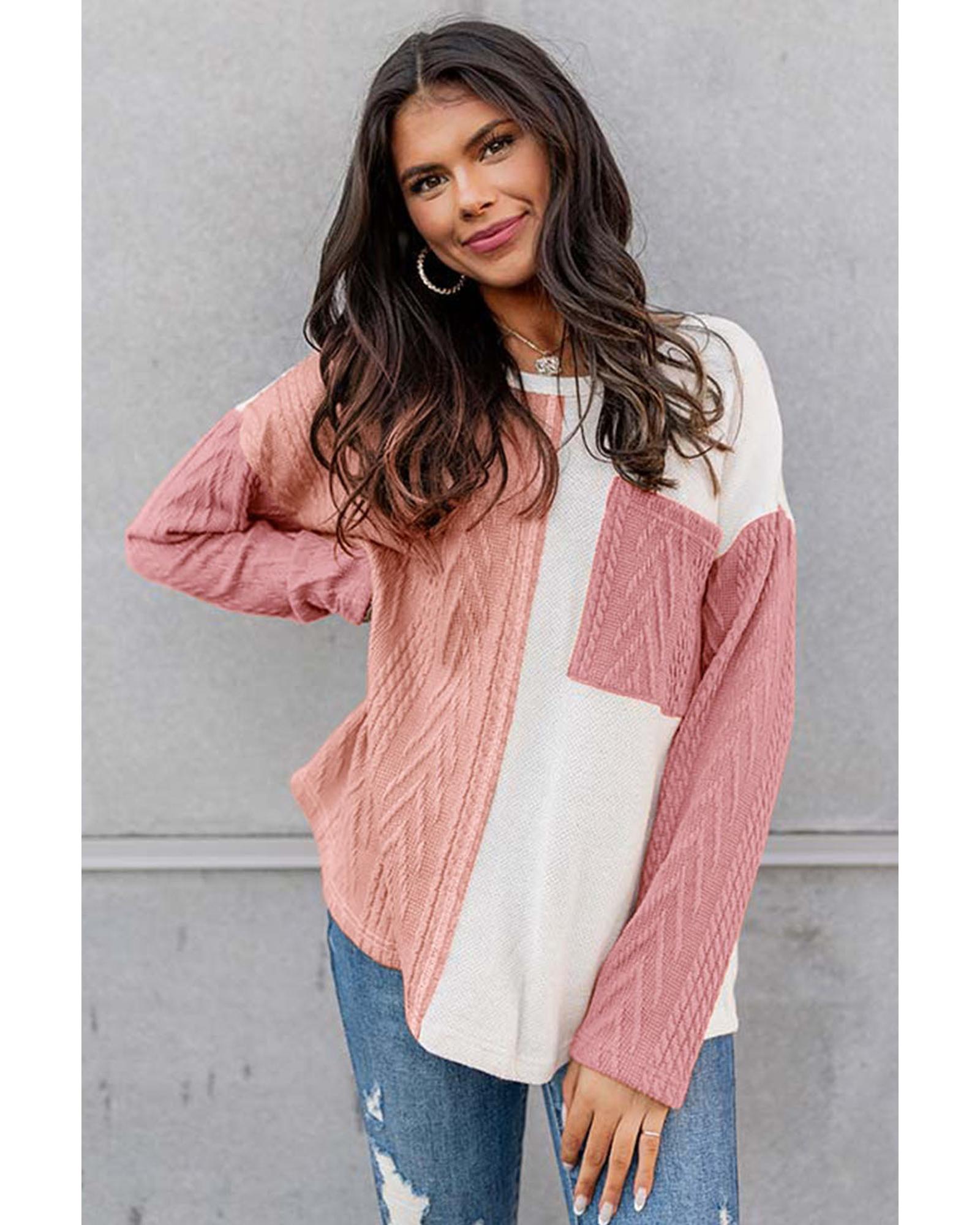 V539-AZEXDC25122003-P4010-M-202508272355-00 Peach Blossom Long Sleeve Colorblock Chest Pocket Textured Knit Top - M - Image 1