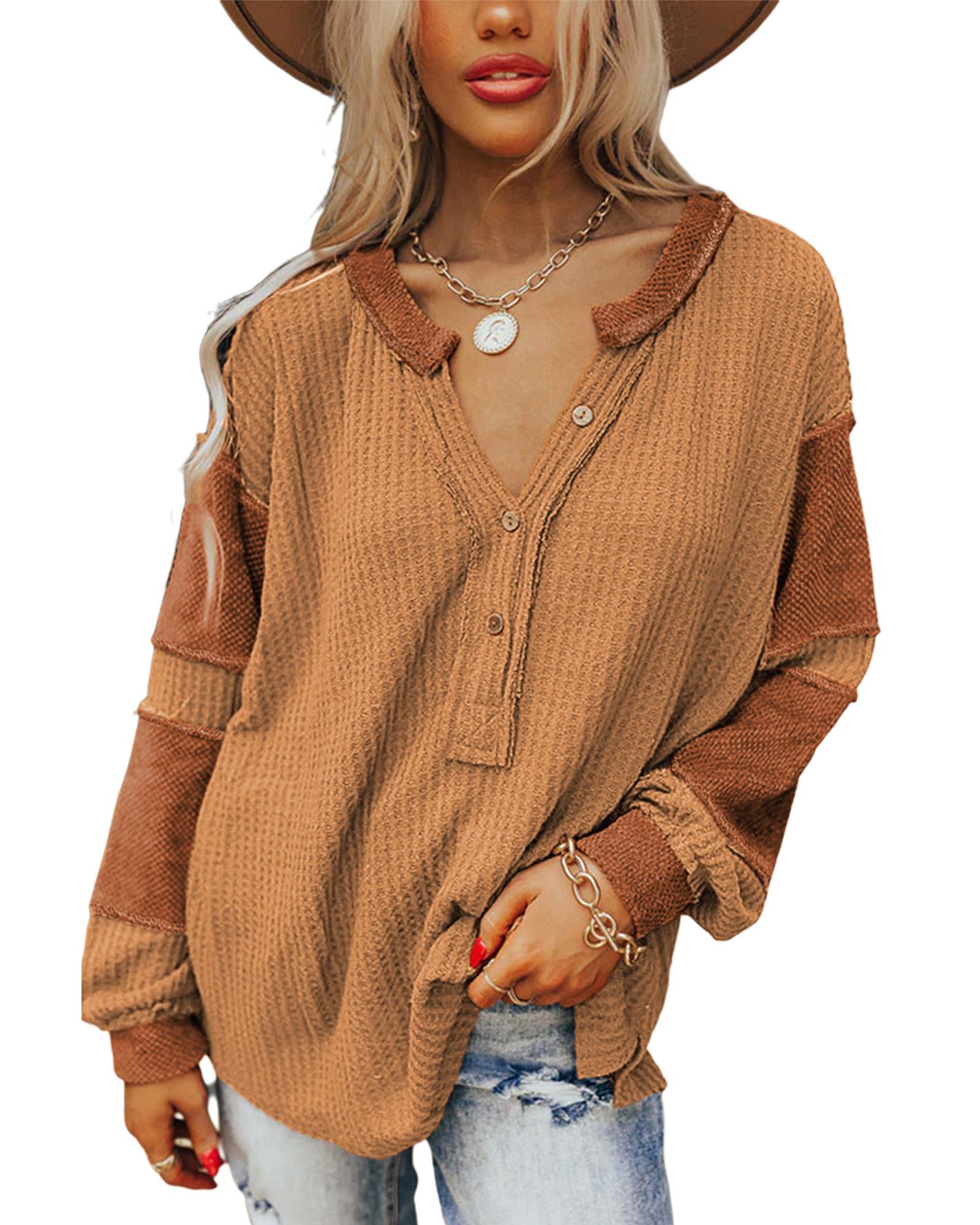 V539-AZEXDC25122090-14-L-202508291150-00 Azura Exchange Contrast Patched Waffle Knit Henley Top - L - Image 1