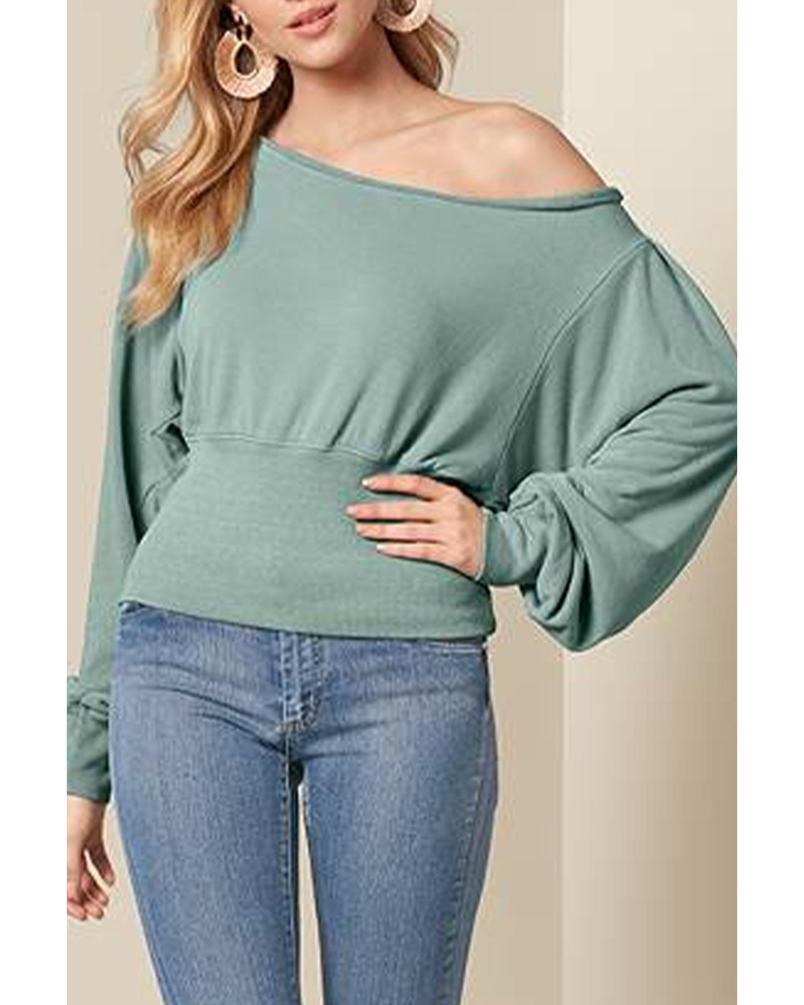 V539-AZEXDC25122312-9-S-202506120025-00 Green Off Shoulder Bishop Sleeve Cinched Waist Blouse - S - Image 1