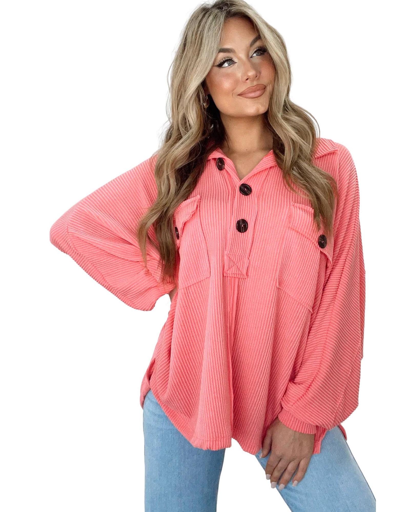 V539-AZEXDC25122349-10-M-202506120027-00 Pink Corded Flap Pocket Henley Top - M - Image 1