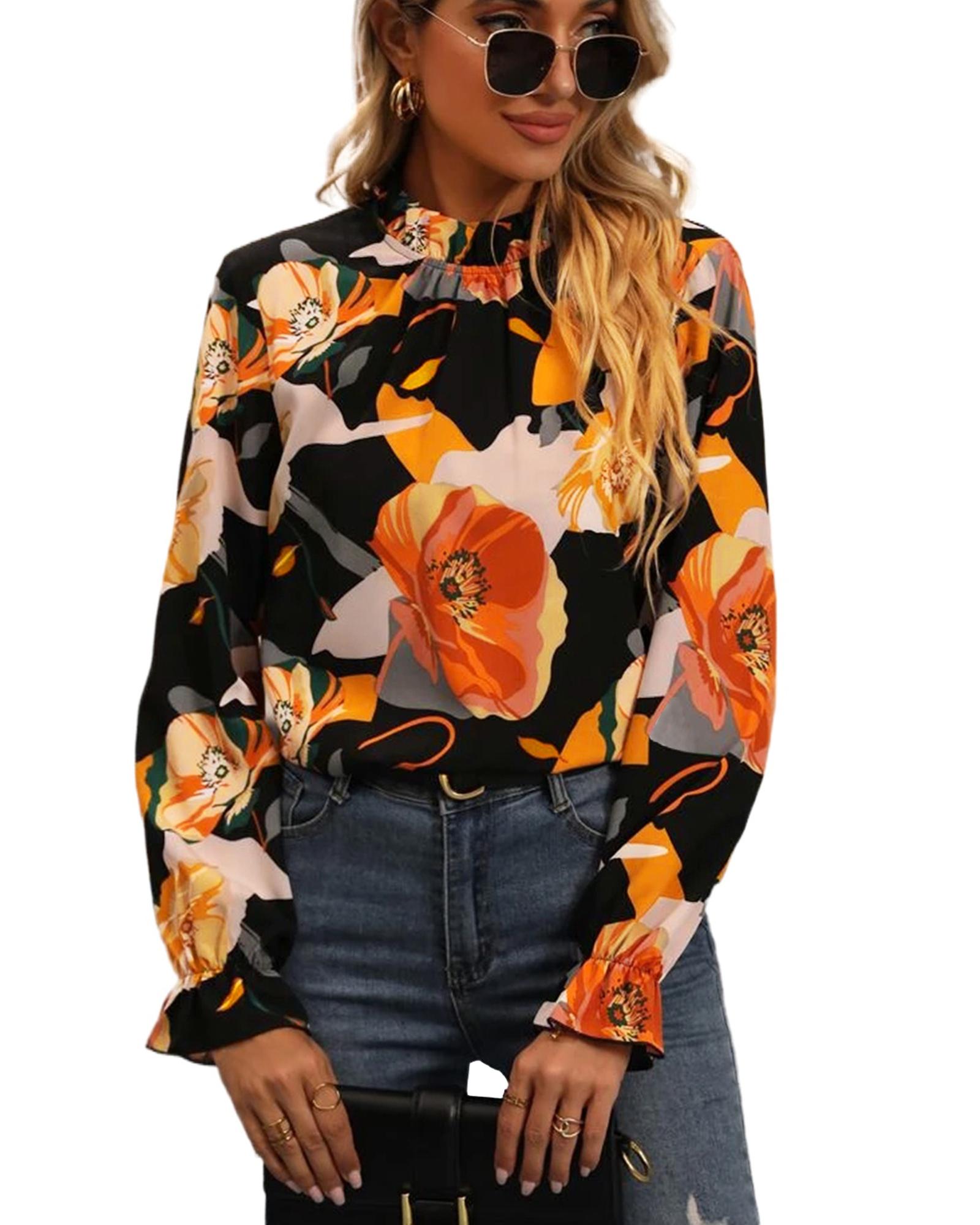 V539-AZEXDC25122394-2-S-202506120031-00 Black Floral Print Mock Neck Blouse - S - Image 1