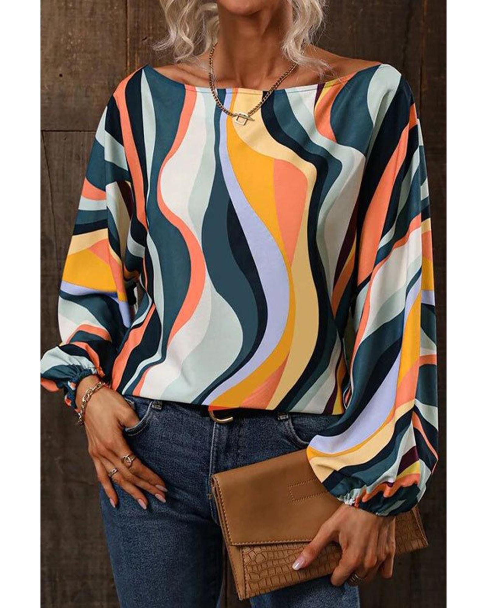 V539-AZEXDC25122471-22-M-202509010300-00 Azura Exchange Wavy Striped Boat Neck Puff Sleeve Blouse - M - Image 1