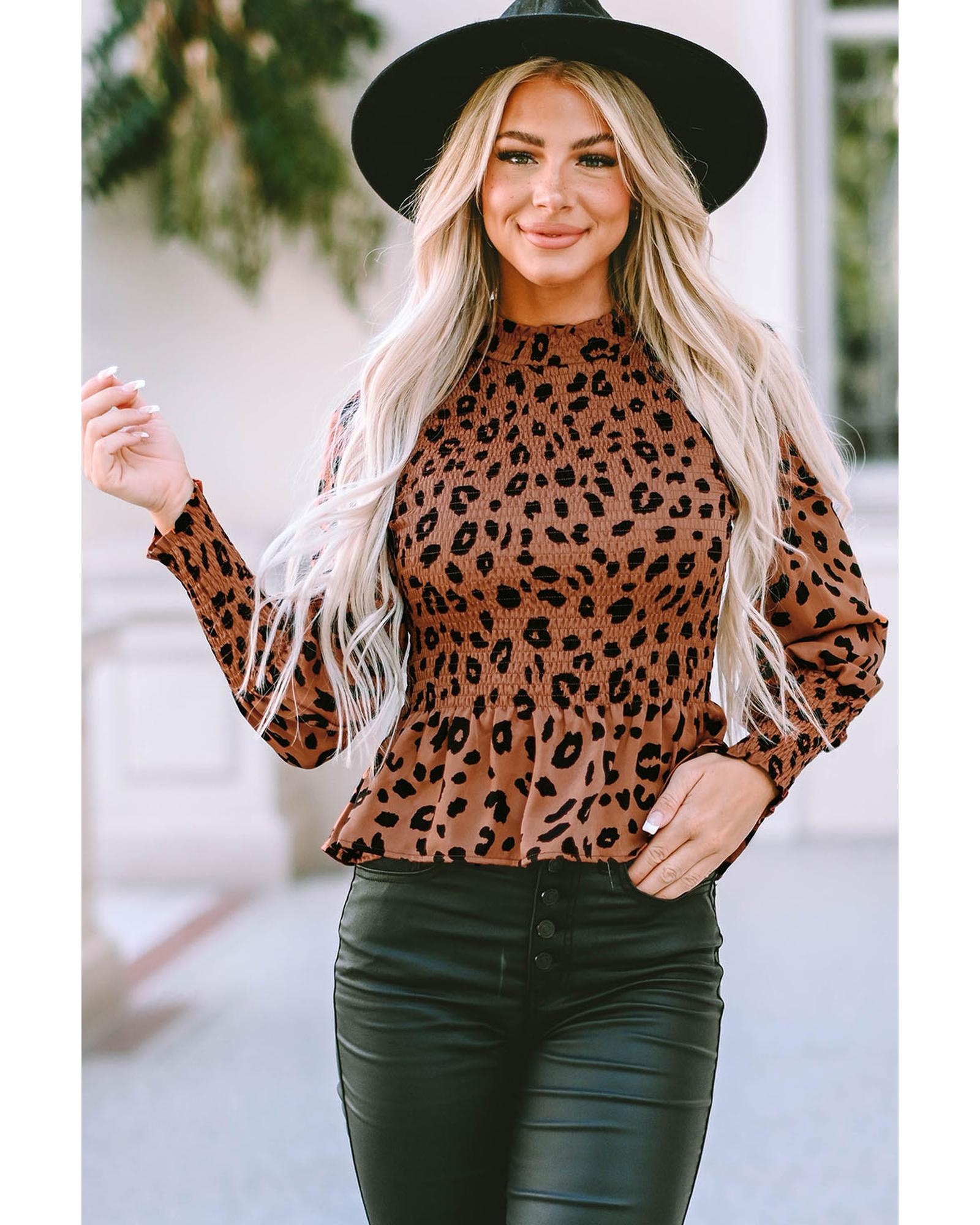 V539-AZEXDC25122511-17-M-202508271555-00 Brown Leopard Smocked Puff Sleeve Peplum Top - M - Image 1