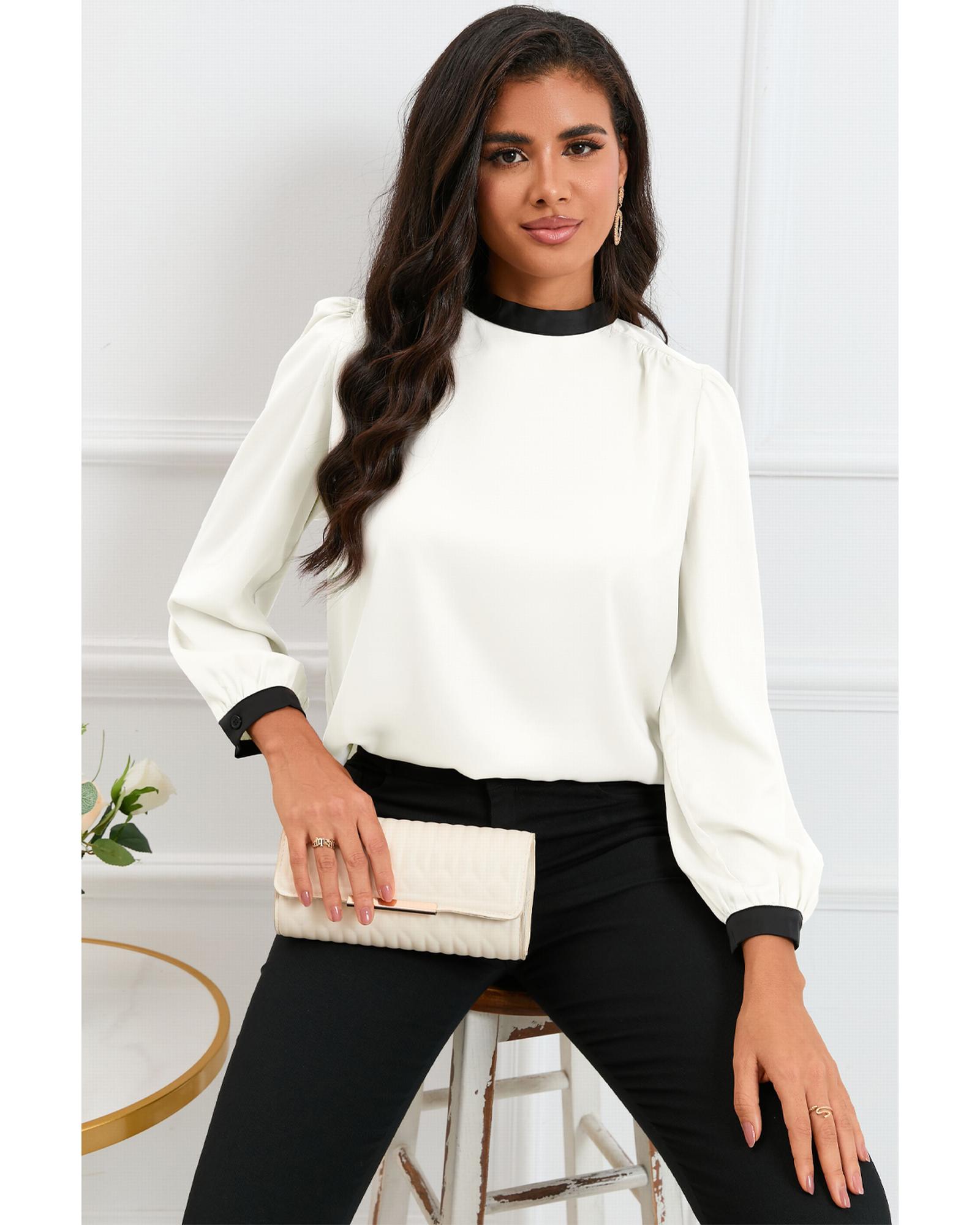 V539-AZEXDC25122537-1-S-202508272320-00 White Color Block Bow Back Mock Neck Blouse - S - Image 1