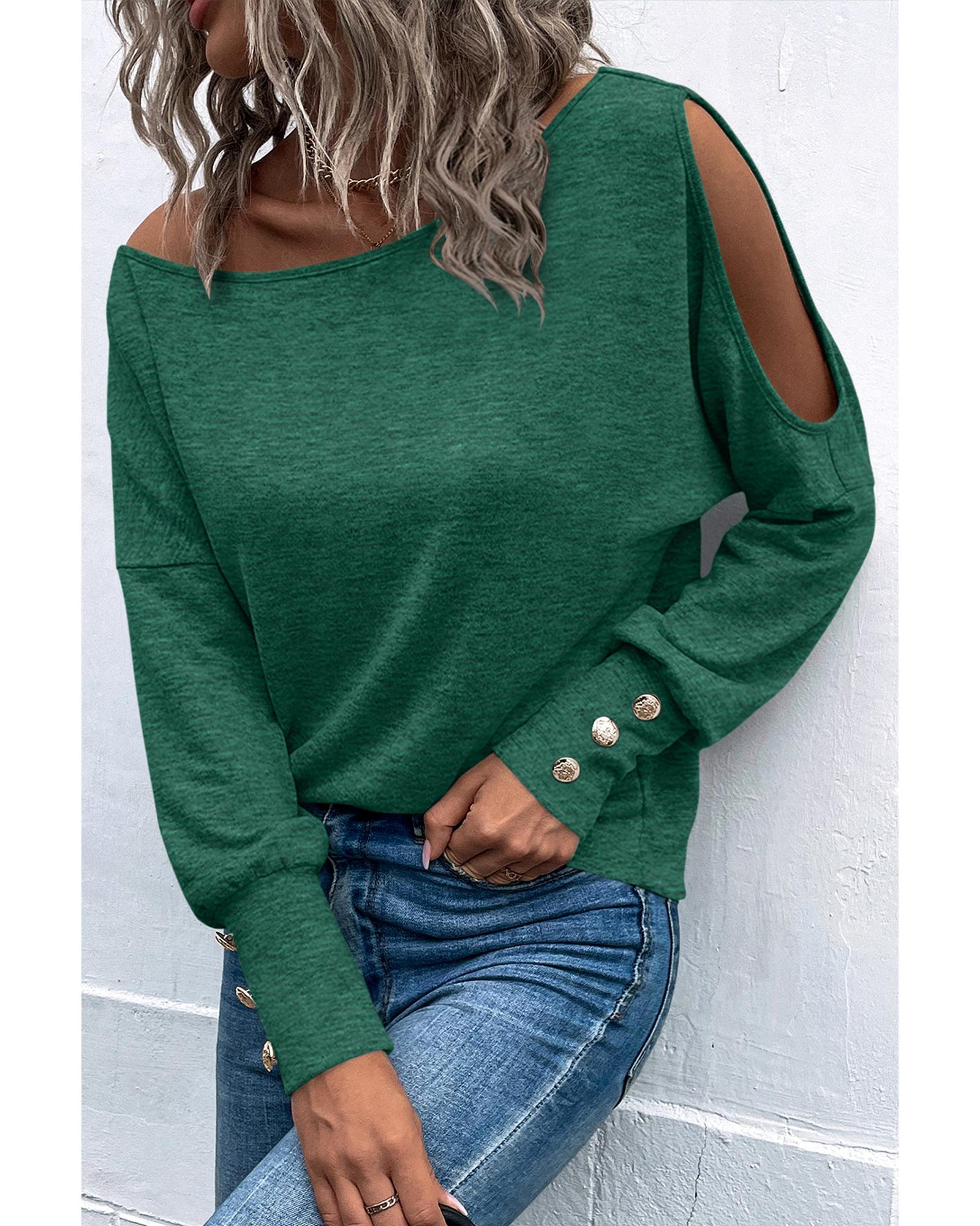 V539-AZEXDC25122558-9-XL-202508271406-00 Green Asymmetrical Cut Out Buttoned Long Sleeve Top - XL - Image 1