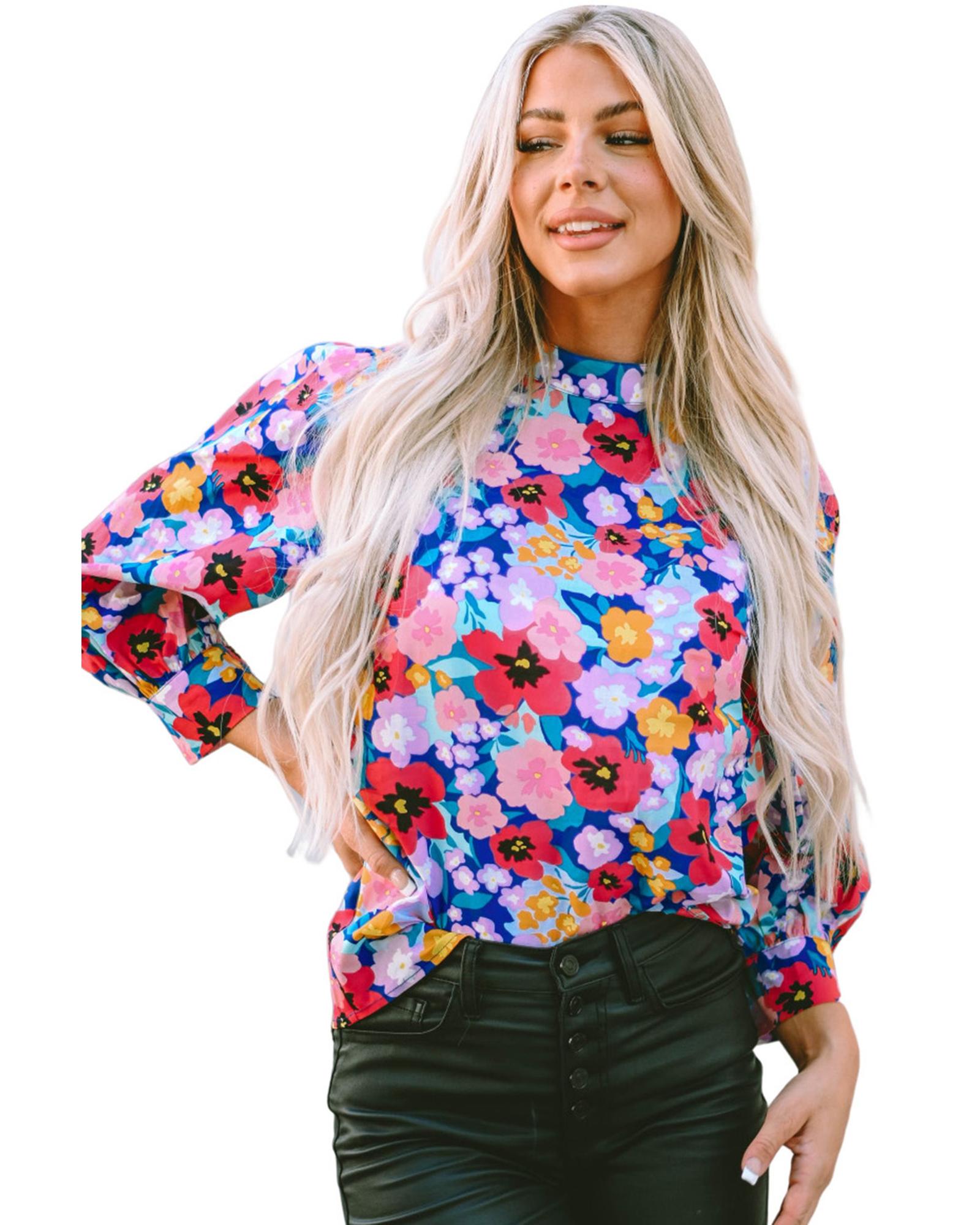 V539-AZEXDC25122634-5-L-202508272300-00 Blue Mock Neck Bubble Sleeve Floral Print Blouse - L - Image 1
