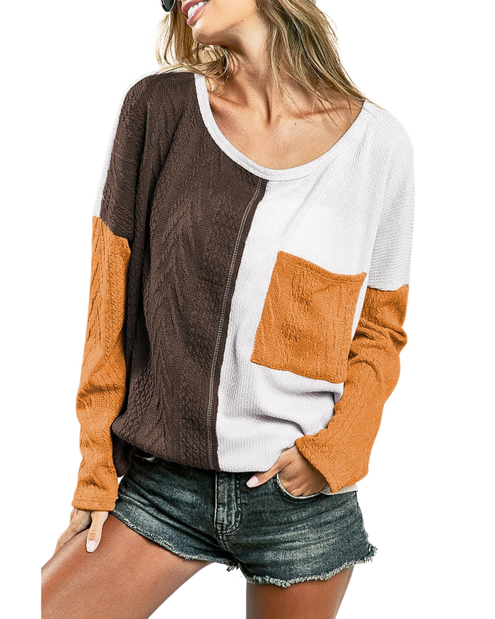 V539-AZEXDC25122646-17-S-202506120142-00 Brown Color Block Patchwork Chest Pocket Long Sleeve Top - S - Image 1