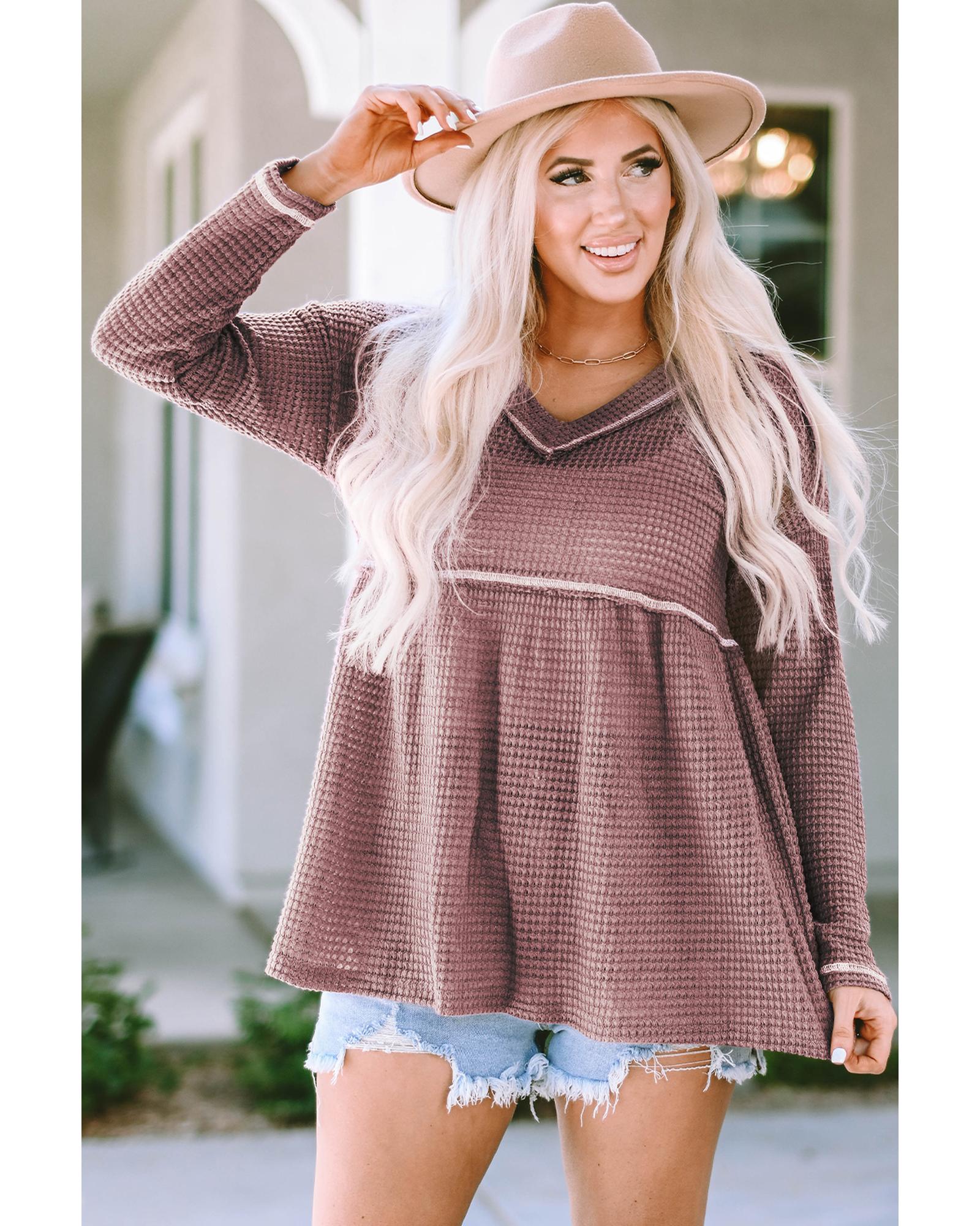 V539-AZEXDC25122647-10-XL-202508271255-00 Pink Waffle Knit V Neck Long Sleeve Babydoll Top - XL - Image 1