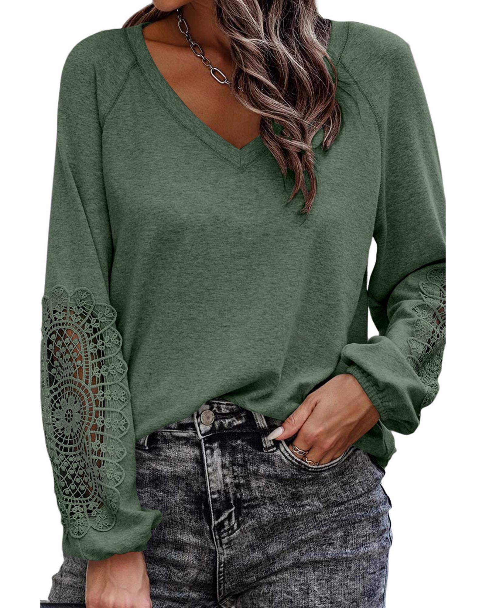 V539-AZEXDC25122787-9-S-202506112042-00 Green Crochet Lace Patch Raglan Sleeve Top - S - Image 1
