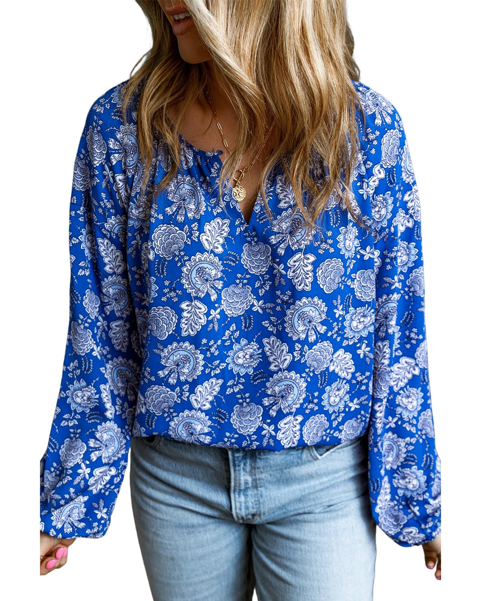 V539-AZEXDC25122862-5-M-202508271050-00 Blue Floral Notched V-Neck Long Sleeve Blouse - M - Image 1
