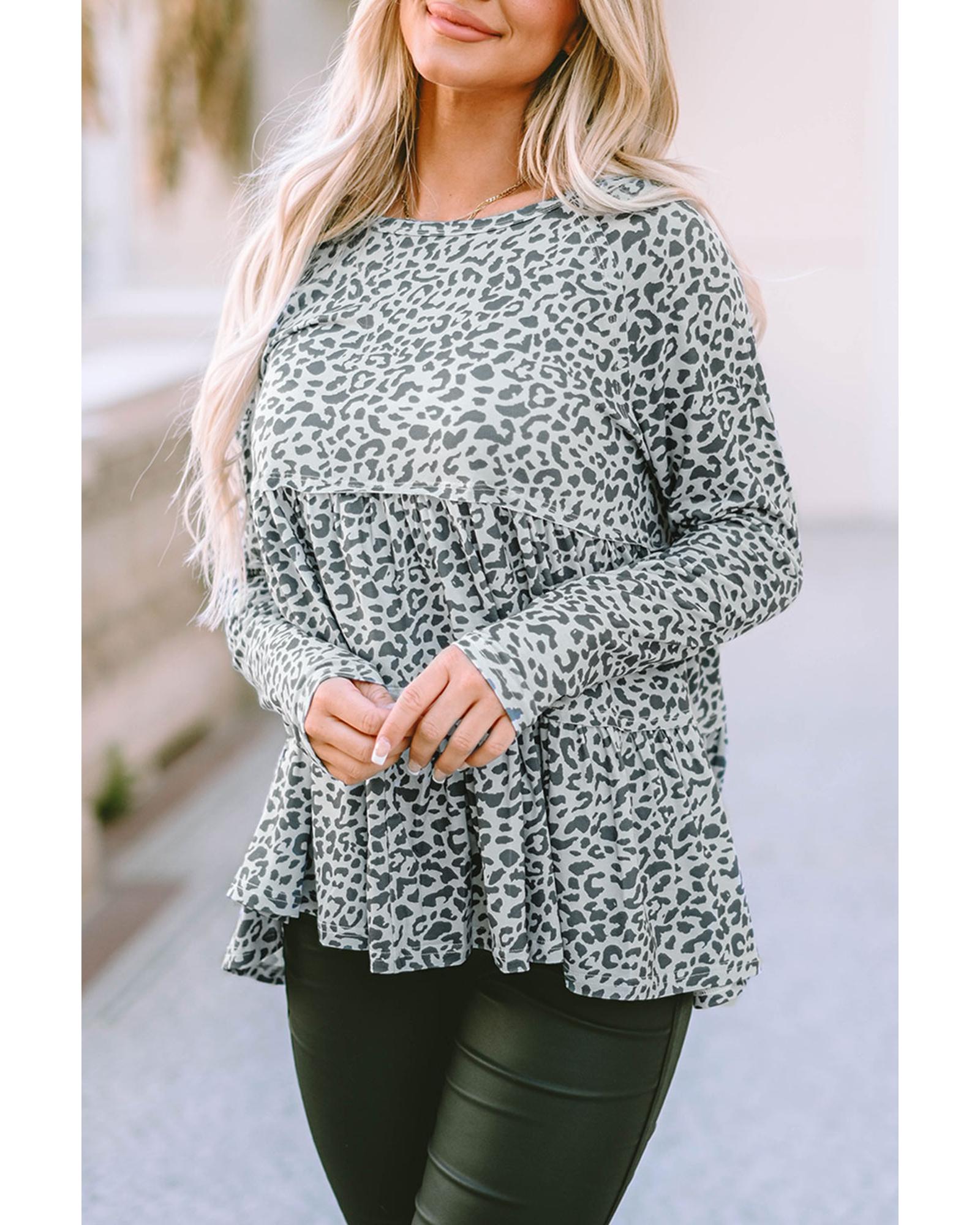 V539-AZEXDC25122878-20-M-202508291220-00 Azura Exchange Leopard Print Long Sleeve Ruffled Blouse - M - Image 1