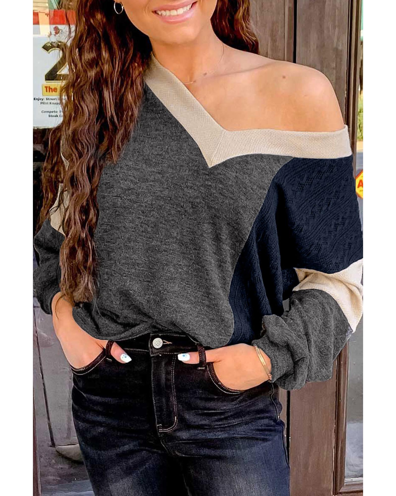 V539-AZEXDC25122884-2-M-202508271605-00 Black Brushed Contrast Knit V Neck Colorblock Long Sleeve Top - M - Image 1