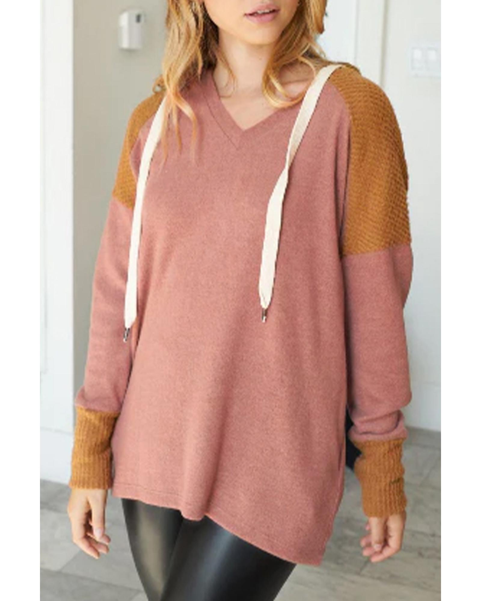 V539-AZEXDC25123077-17-S-202506112217-00 Brown Waffle Knit Patchwork Drawstring V Neck Hoodie - S - Image 1