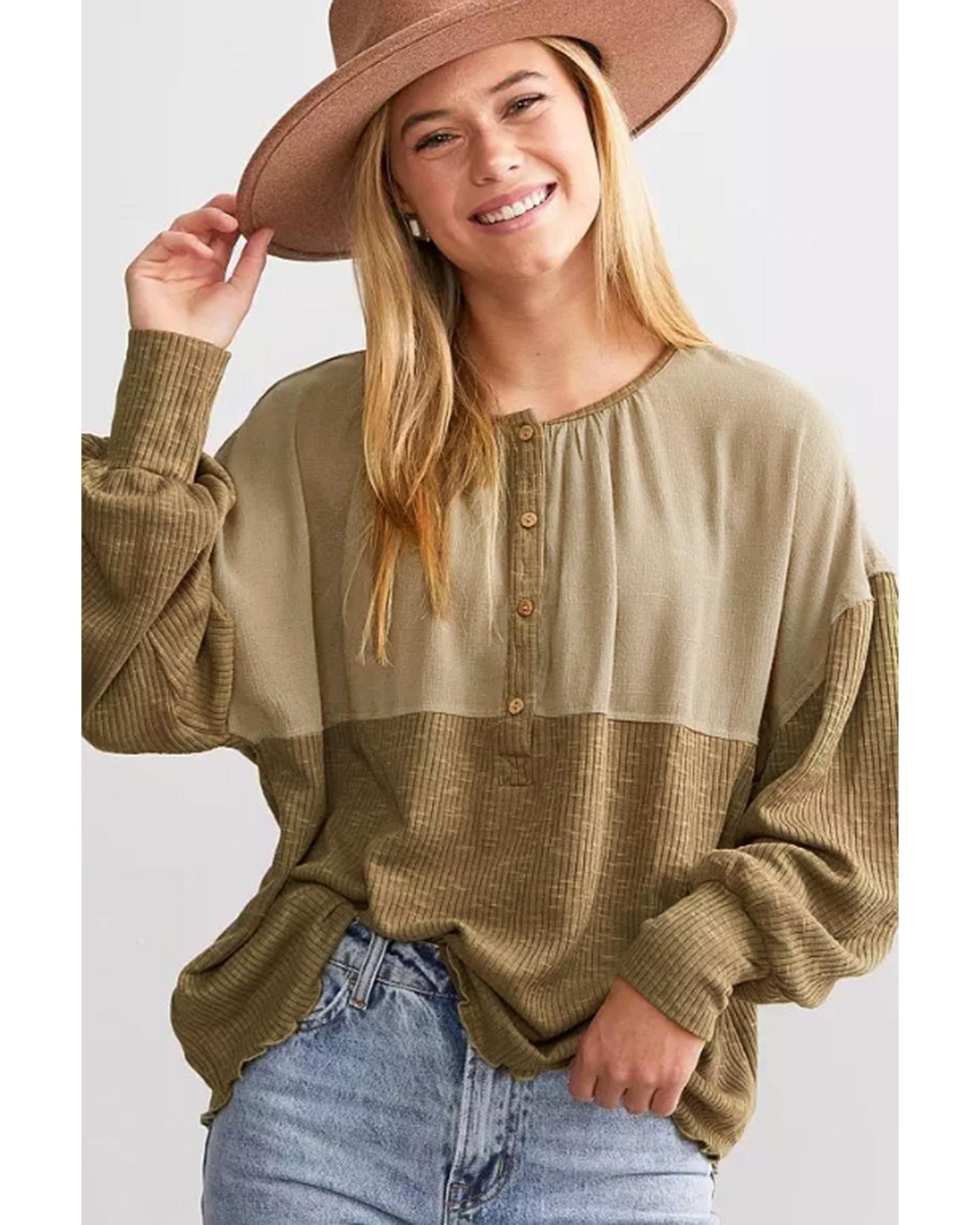 V539-AZEXDC25123119-16-L-202508271010-00 Khaki Ribbed Patchwork Drop Shoulder Buttoned Neckline Blouse - L - Image 1