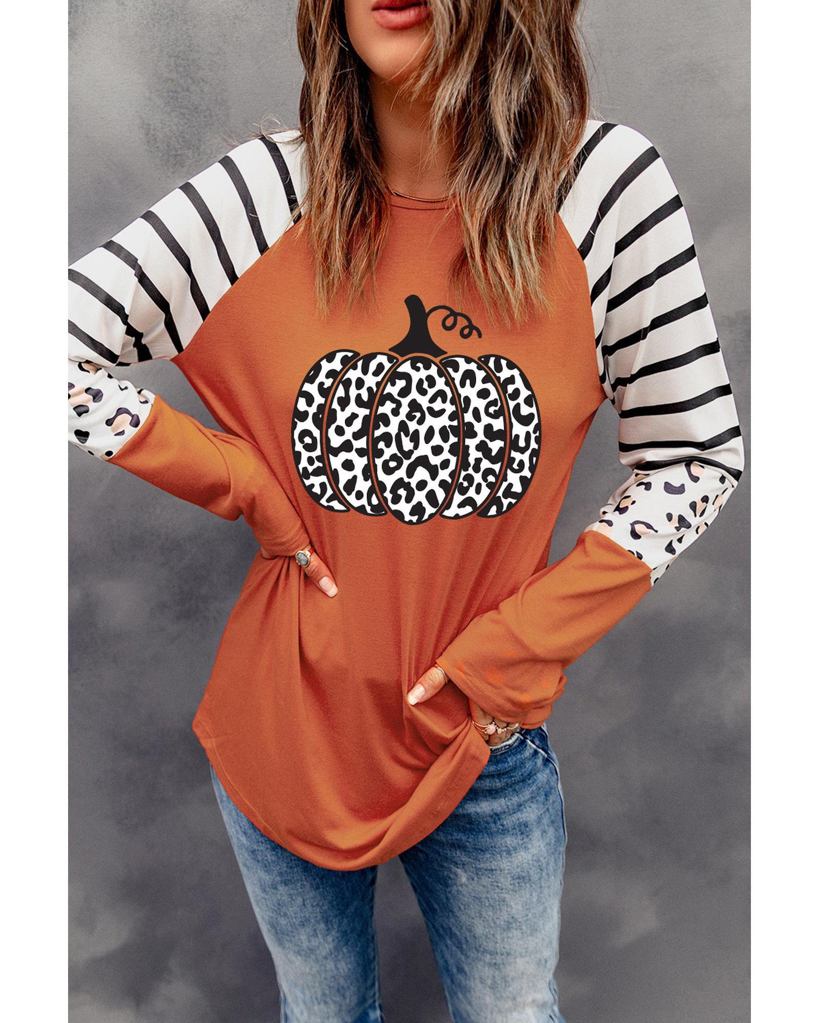 V539-AZEXDC25123153-14-M-202508272106-00 Orange Leopard Pumpkin Graphic Contrast Long Sleeve Top - M - Image 1