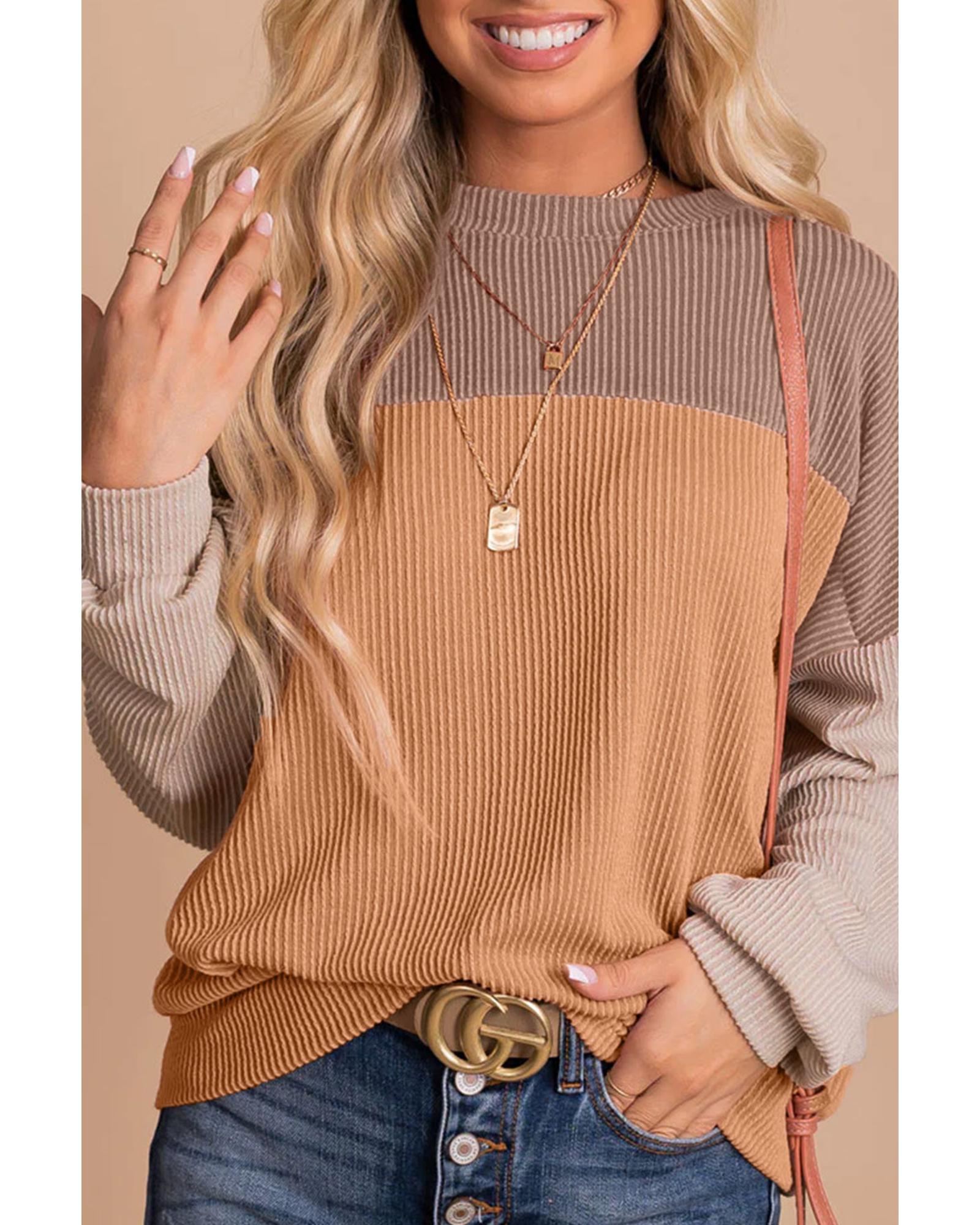 Khaki Color Block Long Sleeve Ribbed Loose Top - S