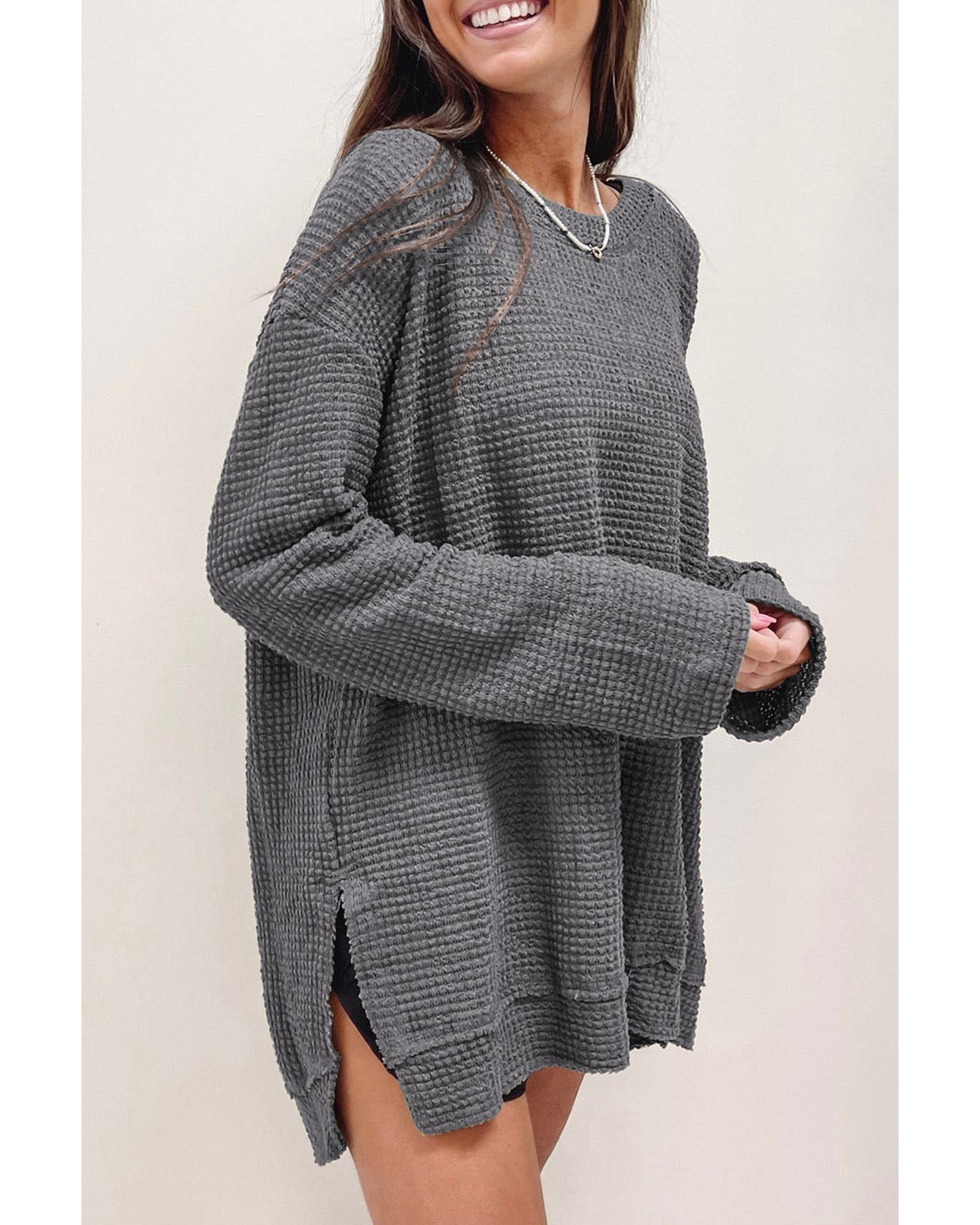 V539-AZEXDC25123199-11-L-202508271440-00 Gray Waffle Knit High Slits Oversized Top - L - Image 1