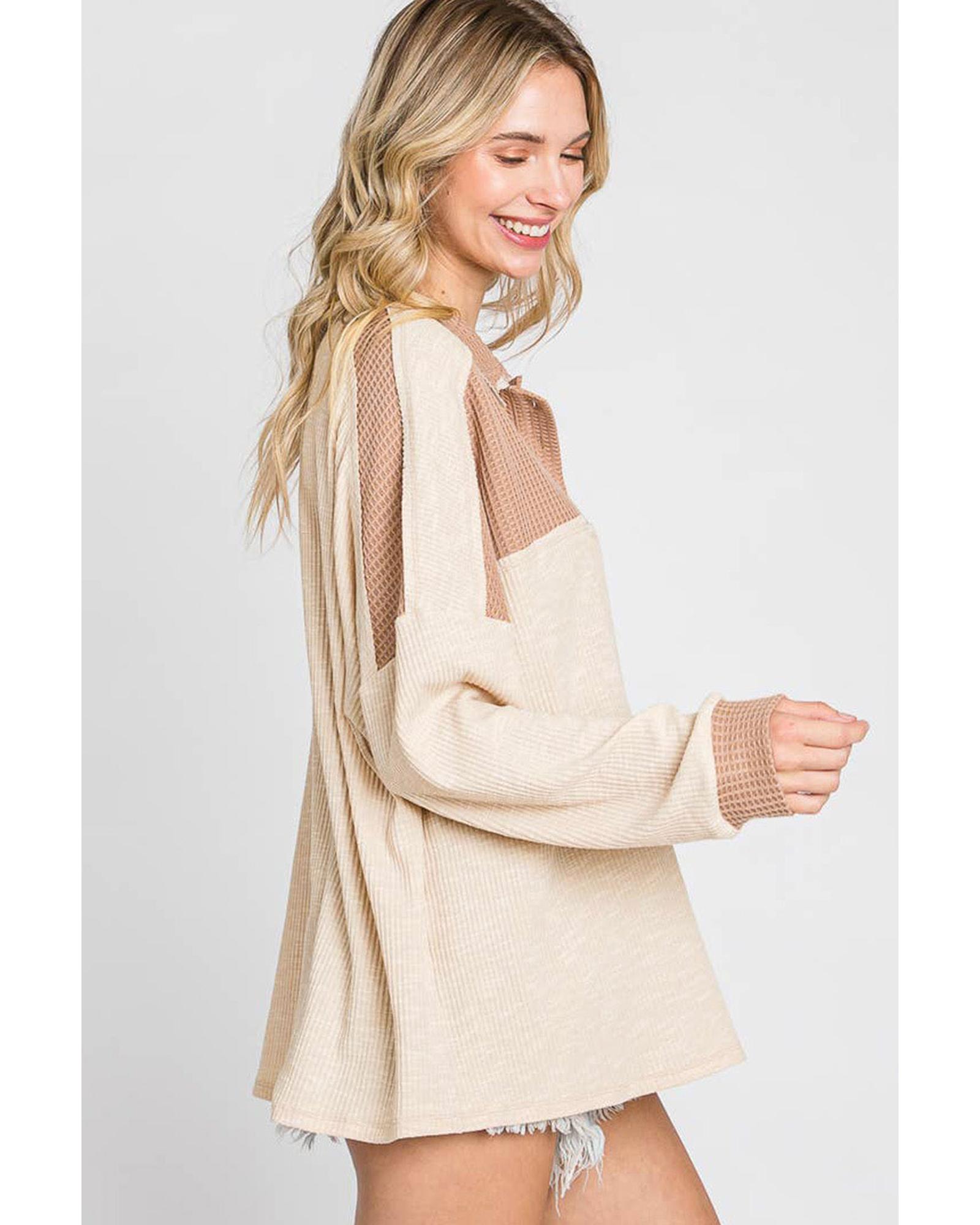 V539-AZEXDC25123238-18-S-202508272040-00 Apricot Oversized Knit Top With Waffle Contrast - S - Image 1