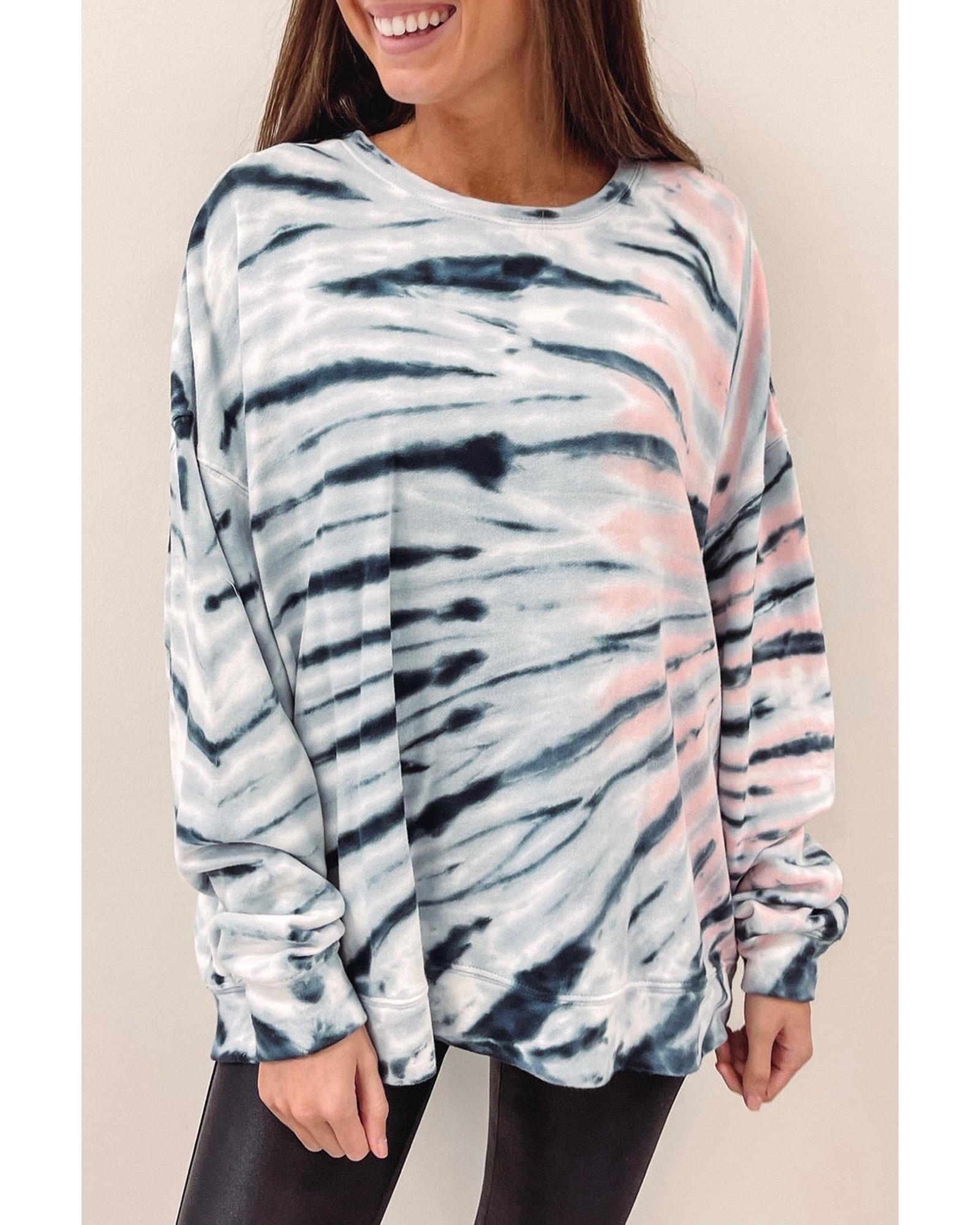 V539-AZEXDC25123257-4-S-202506112310-00 Sky Blue Tie-Dye Crewneck Long Sleeve Shift Pullover - S - Image 1