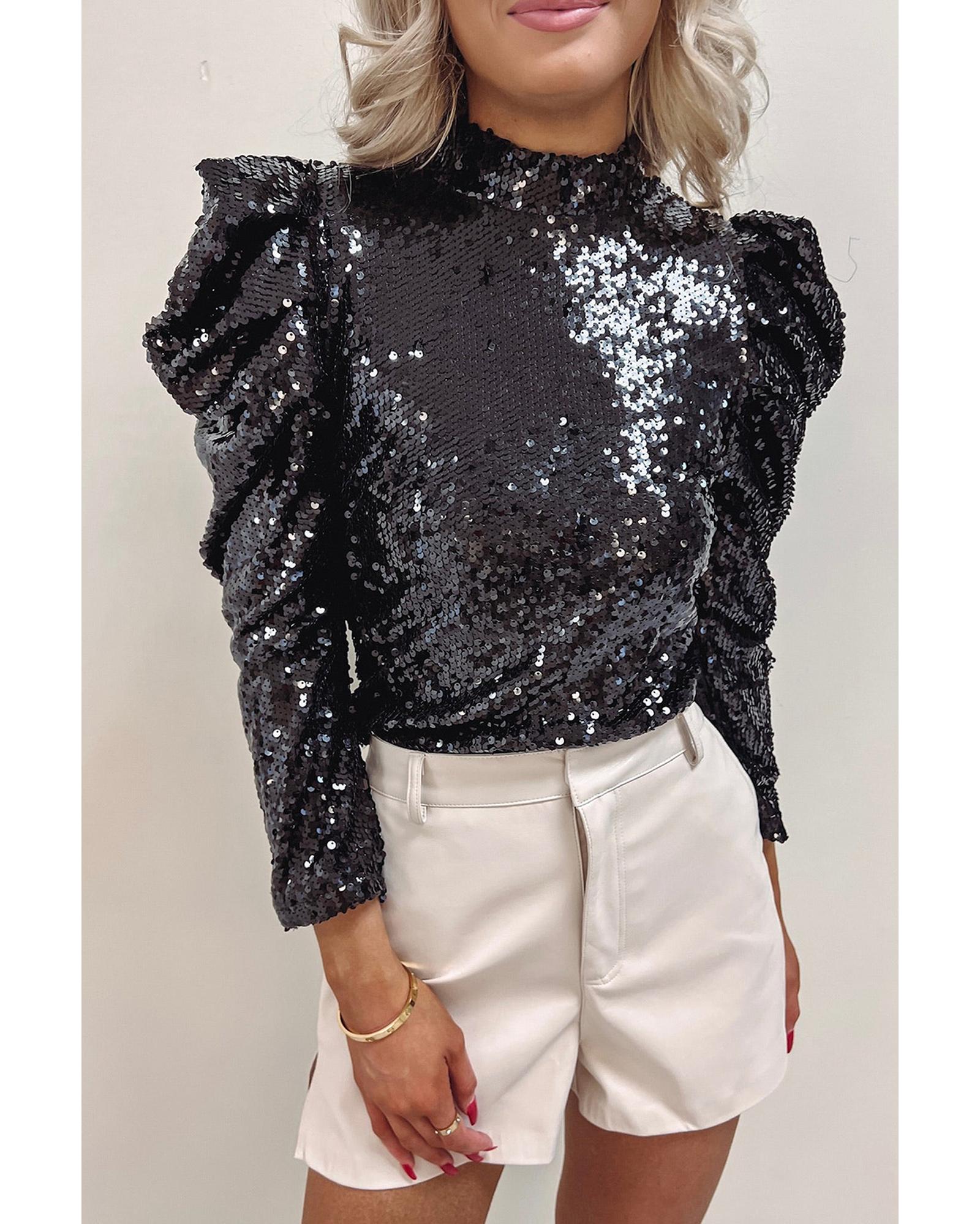 V539-AZEXDC25123260-2-2XL-202508270320-00 Black Sequin Mock Neck Bubble Sleeve Top - 2XL - Image 1