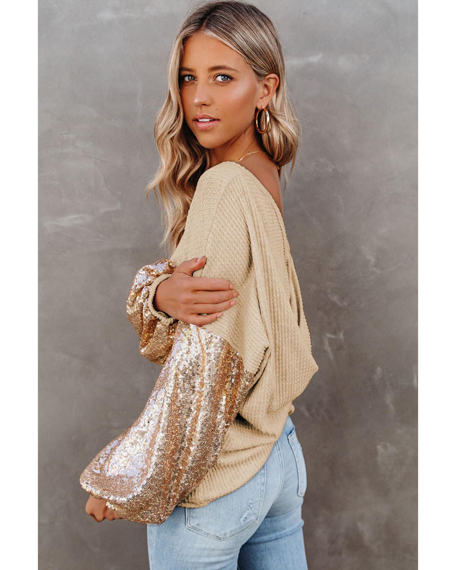 V539-AZEXDC25123326-18-M-202508290555-00 Azura Exchange Apricot Sequin Patchwork Sleeve Waffle Knit Top - M - Image 1