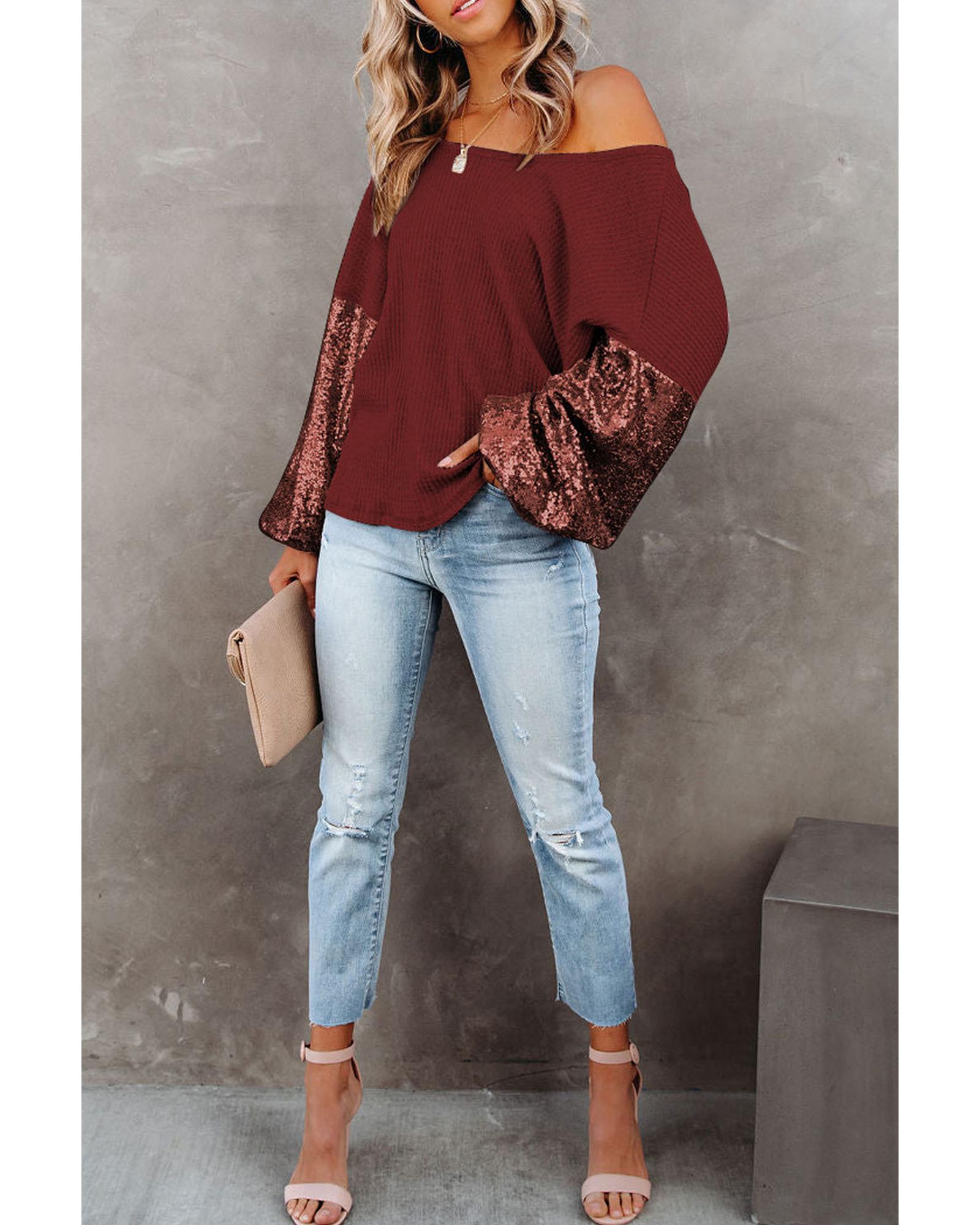 V539-AZEXDC25123326-P503-M-202508271200-00 Biking Red Sequin Patchwork Sleeve Open Back Waffle Knit Top - M - Image 1