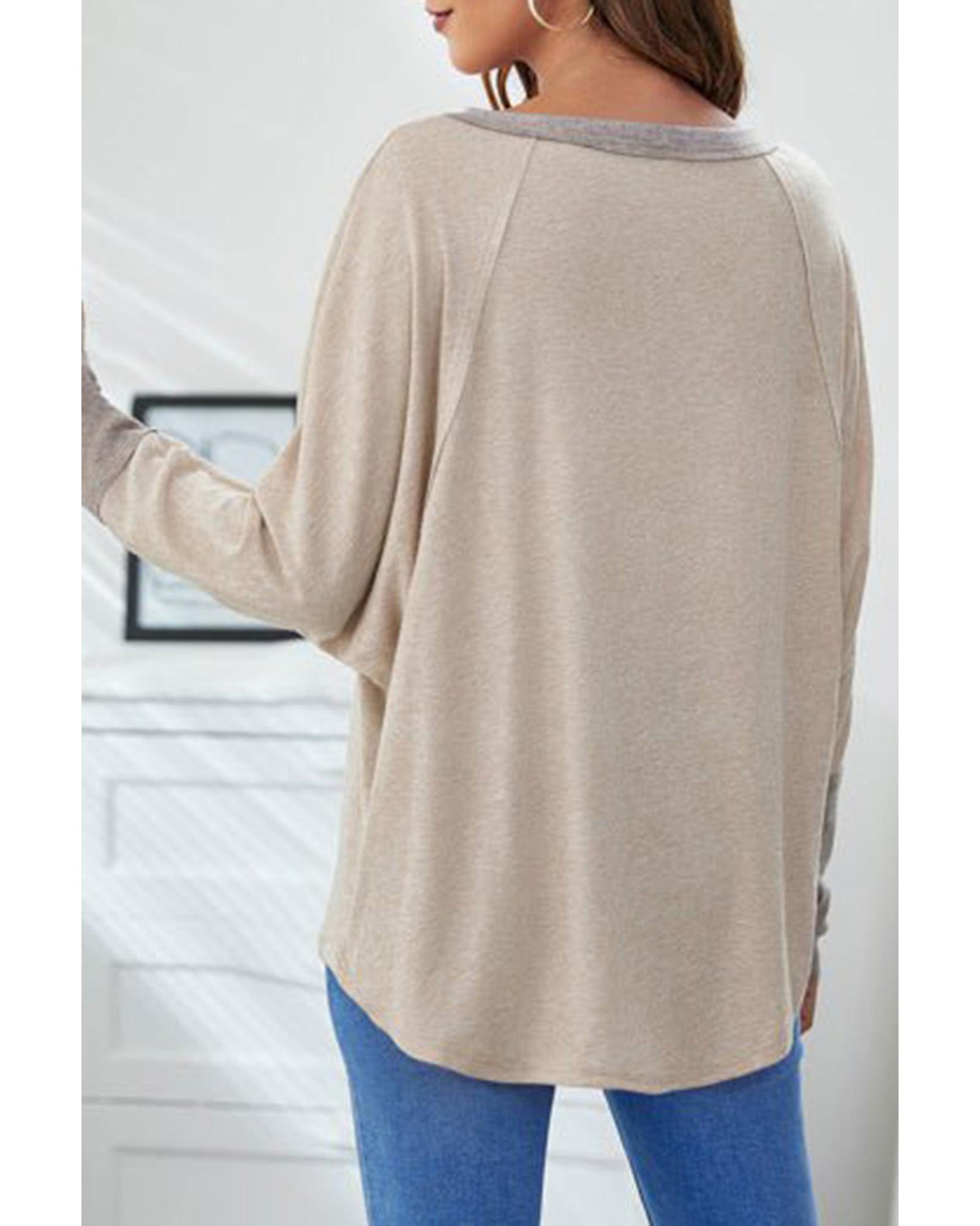 V539-AZEXDC25123422-16-S-202506112346-00 Khaki Contrast Cuffs Batwing Sleeve Loose Top - S - Image 1