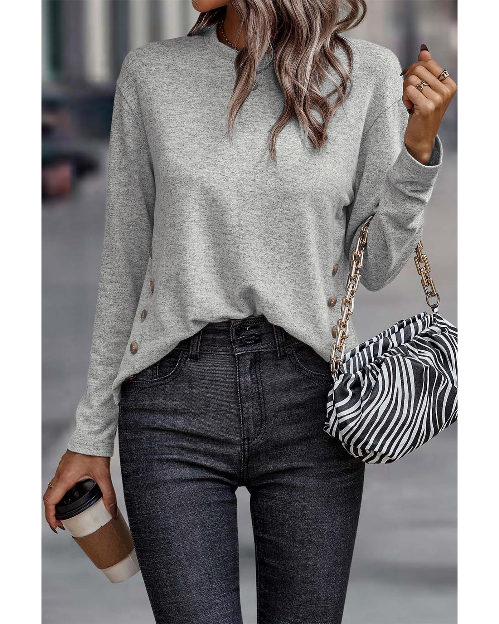V539-AZEXDC25123515-11-S-202506120011-00 Gray Side Buttons Crew Neck Knit Top - S - Image 1