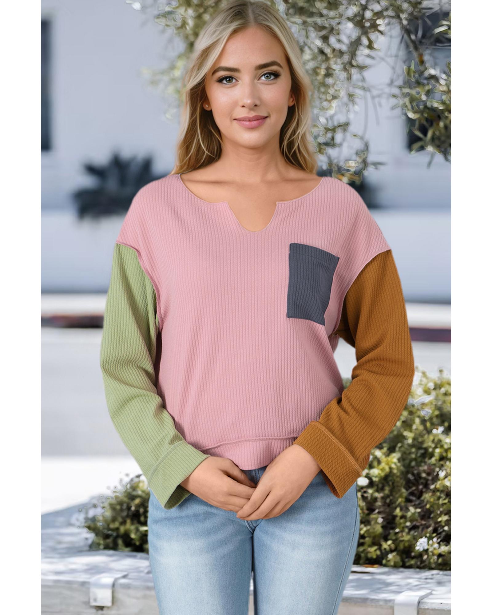 V539-AZEXDC25123520-10-M-202508271750-00 Pink Colorblock Rib Textured Loose Long Sleeve Top - M - Image 1