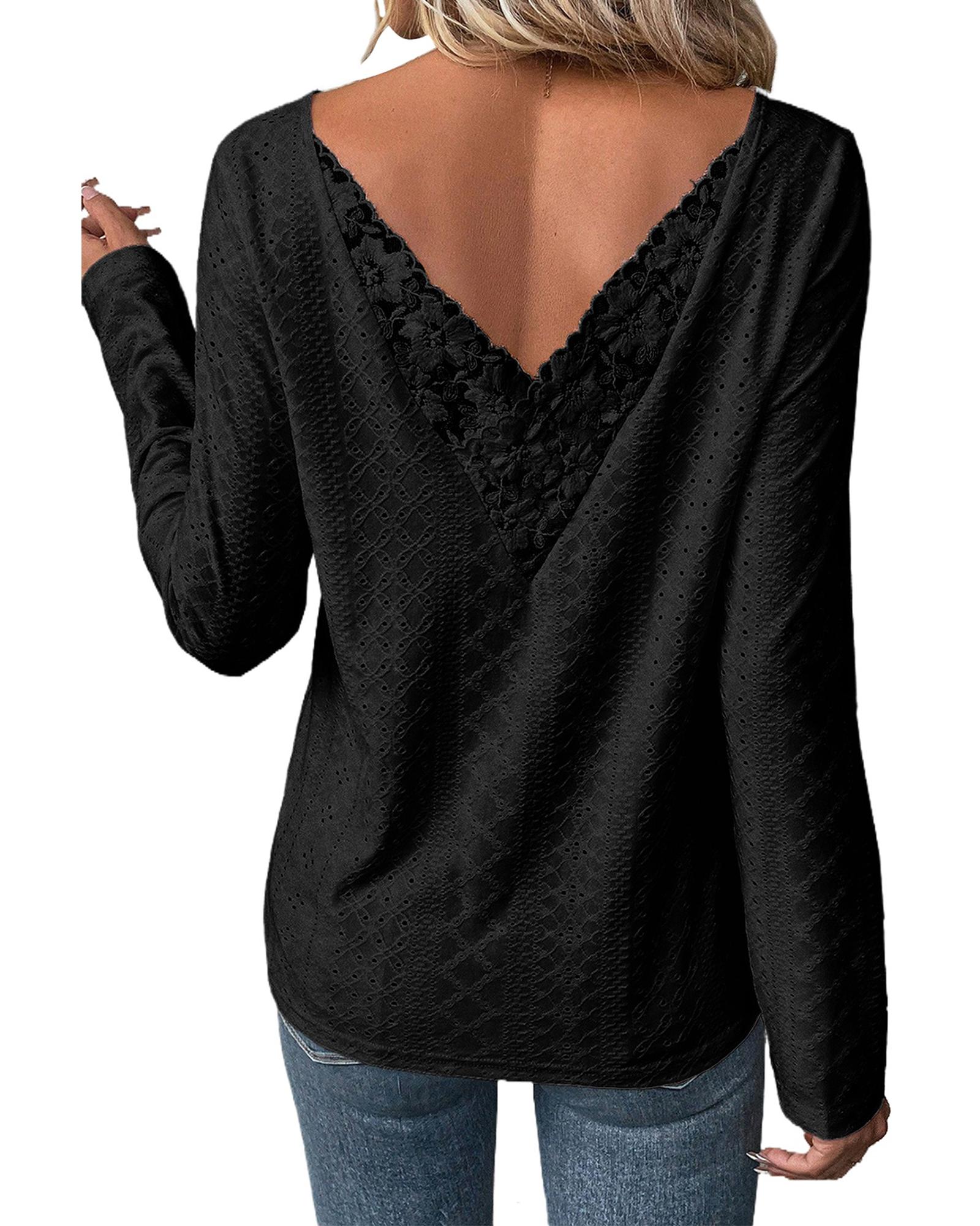 V539-AZEXDC25123532-P2-XL-202508270245-00 Black Floral Lace Splicing Eyelet Long Sleeve Top - XL - Image 1