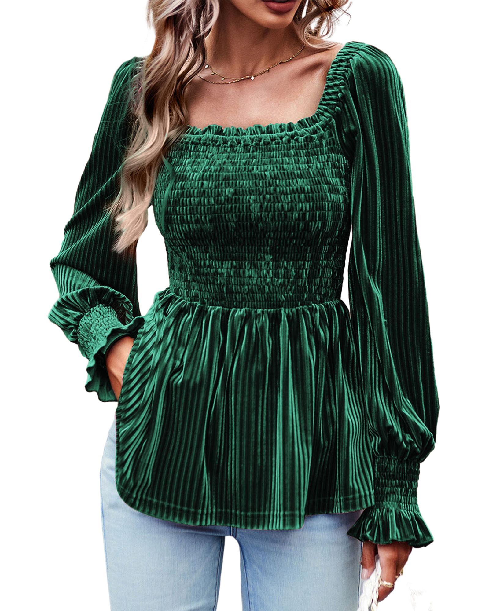 V539-AZEXDC25123661-P309-M-202508271600-00 Blackish Green Smocked Ribbed Velvet Babydoll Top - M - Image 1