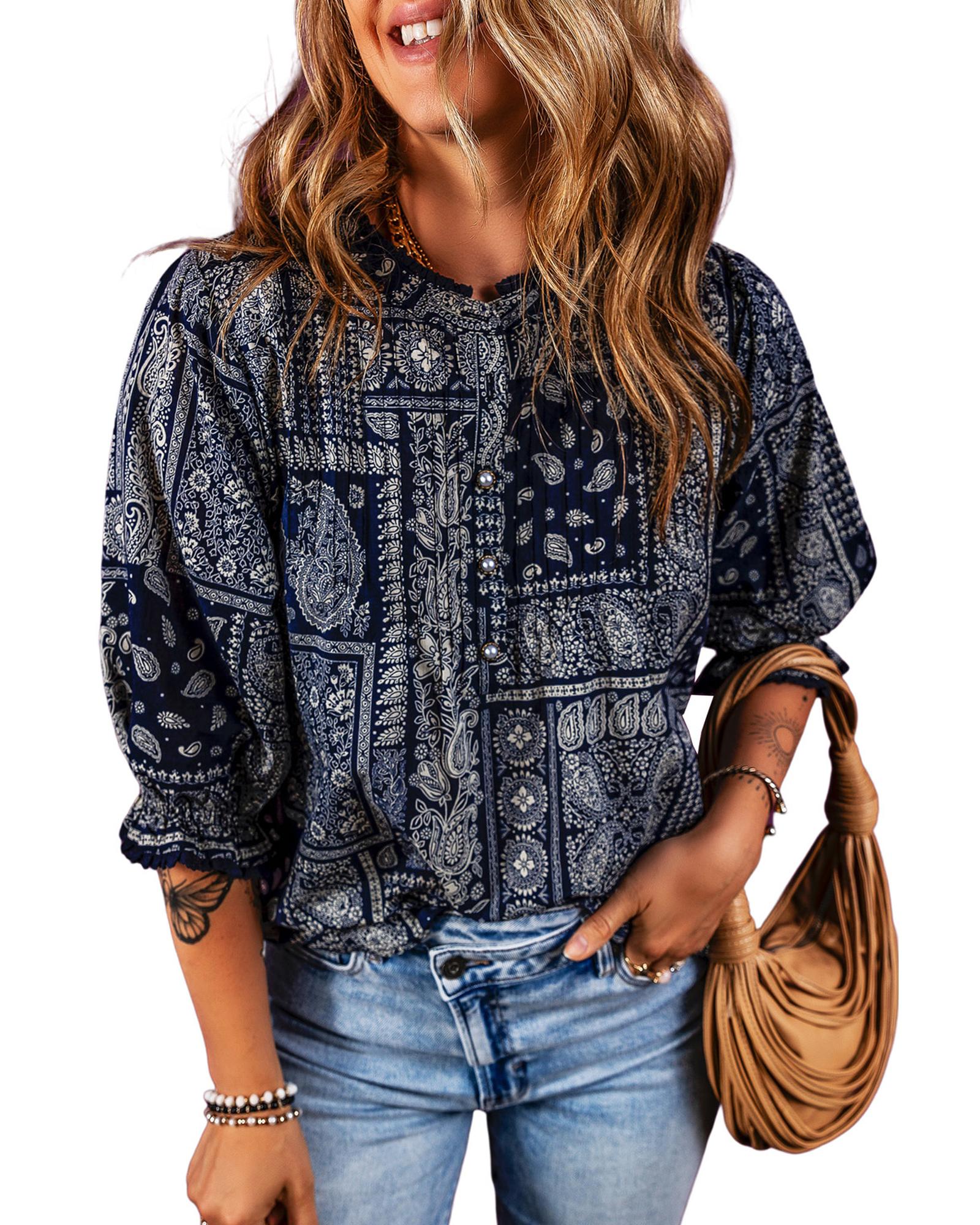 V539-AZEXDC25123882-P605-S-202506120141-00 Navy Blue Vintage Boho Paisley Print 3/4 Sleeve Blouse - S - Image 1