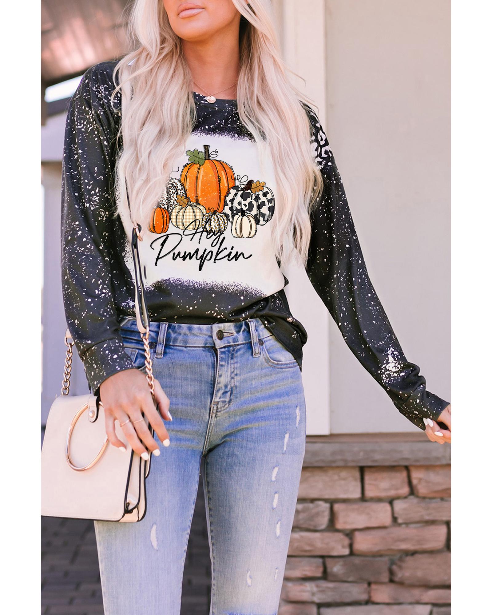 V539-AZEXDC25123910-2-S-202506120147-00 Black Leopard Bleached Pumpkin Graphic Long Sleeve Top - S - Image 1