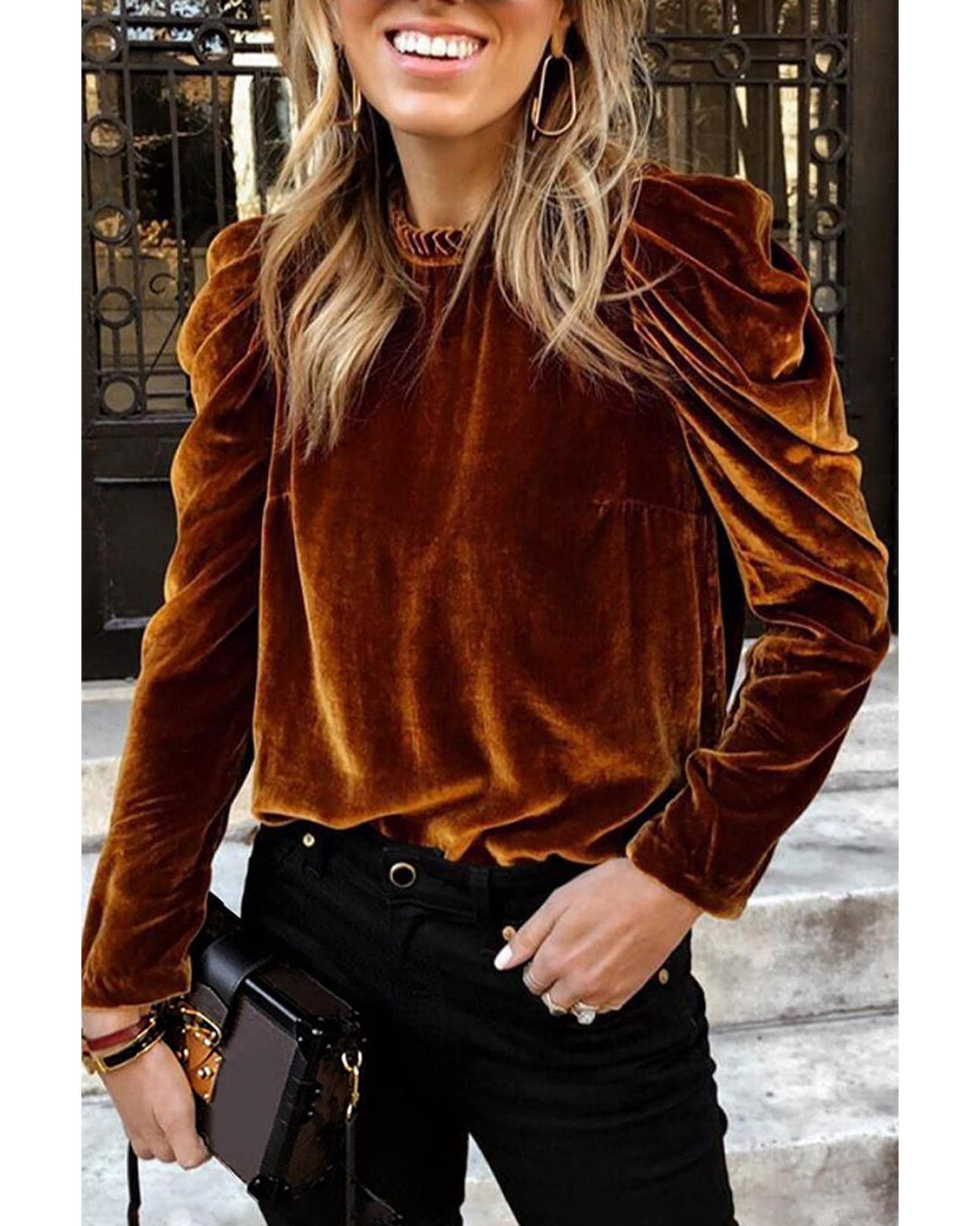 V539-AZEXDC25124200-P2017-S-202506111936-00 Chestnut Frilled Collar Puff Sleeve Velvet Top - S - Image 1