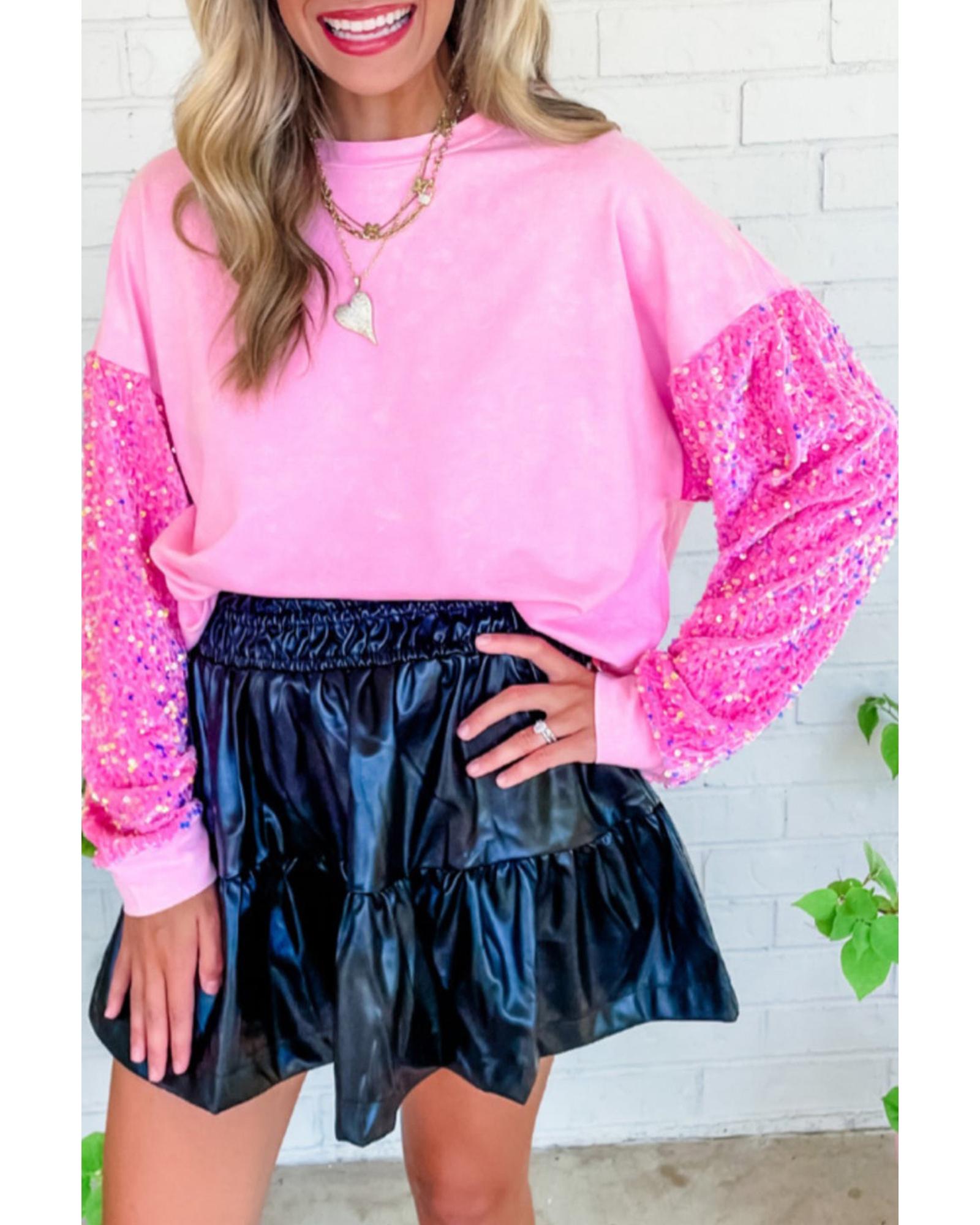 V539-AZEXDC25124364-P10-XL-202508270625-00 Azura Exchange Pink Sequin Patchwork Long Sleeve Pullover Top - XL - Image 1