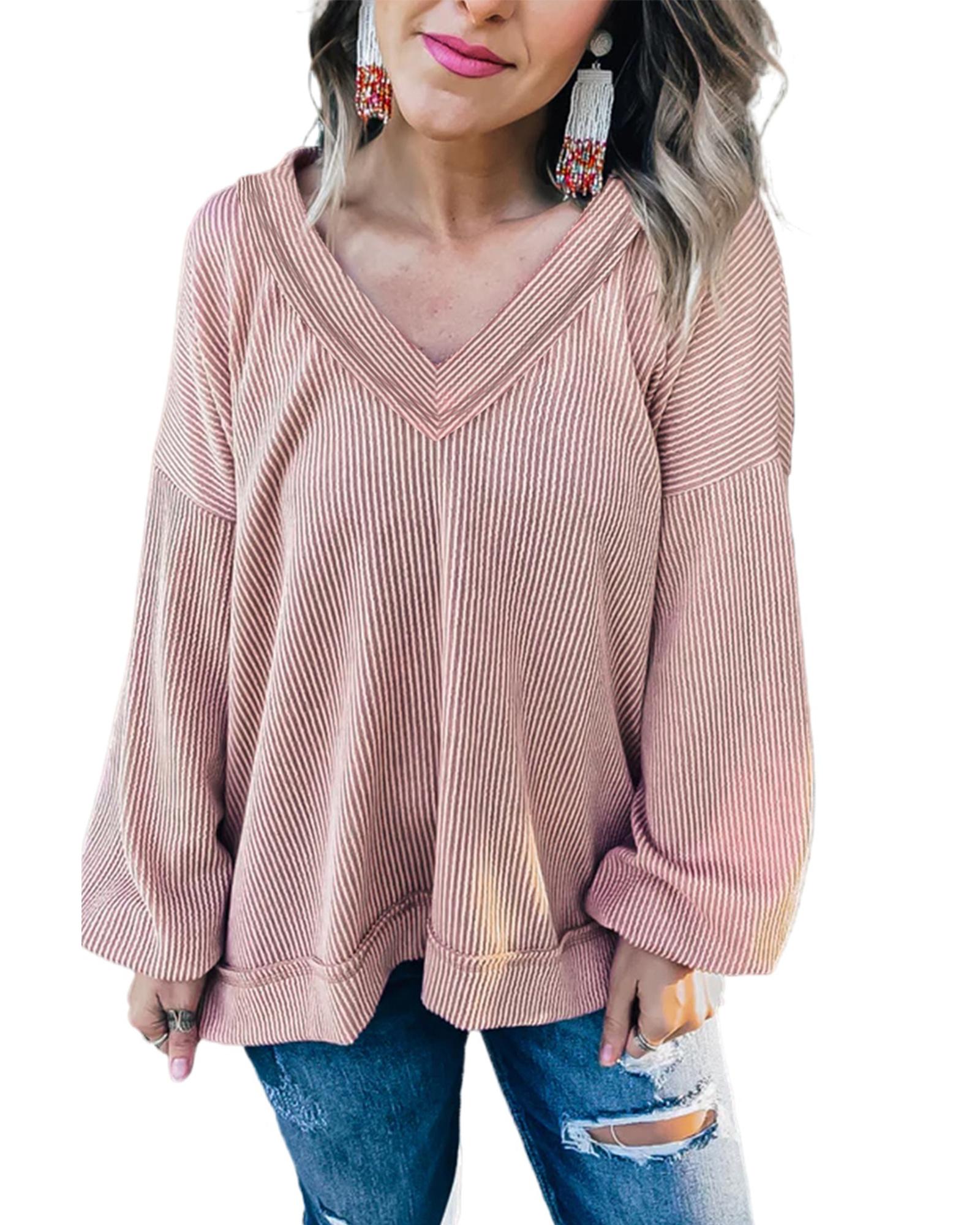 V539-AZEXDC25124409-P4010-L-202506112020-00 Peach Blossom Loose V Neck Bubble Sleeve Knit Ribbed Top - L - Image 1
