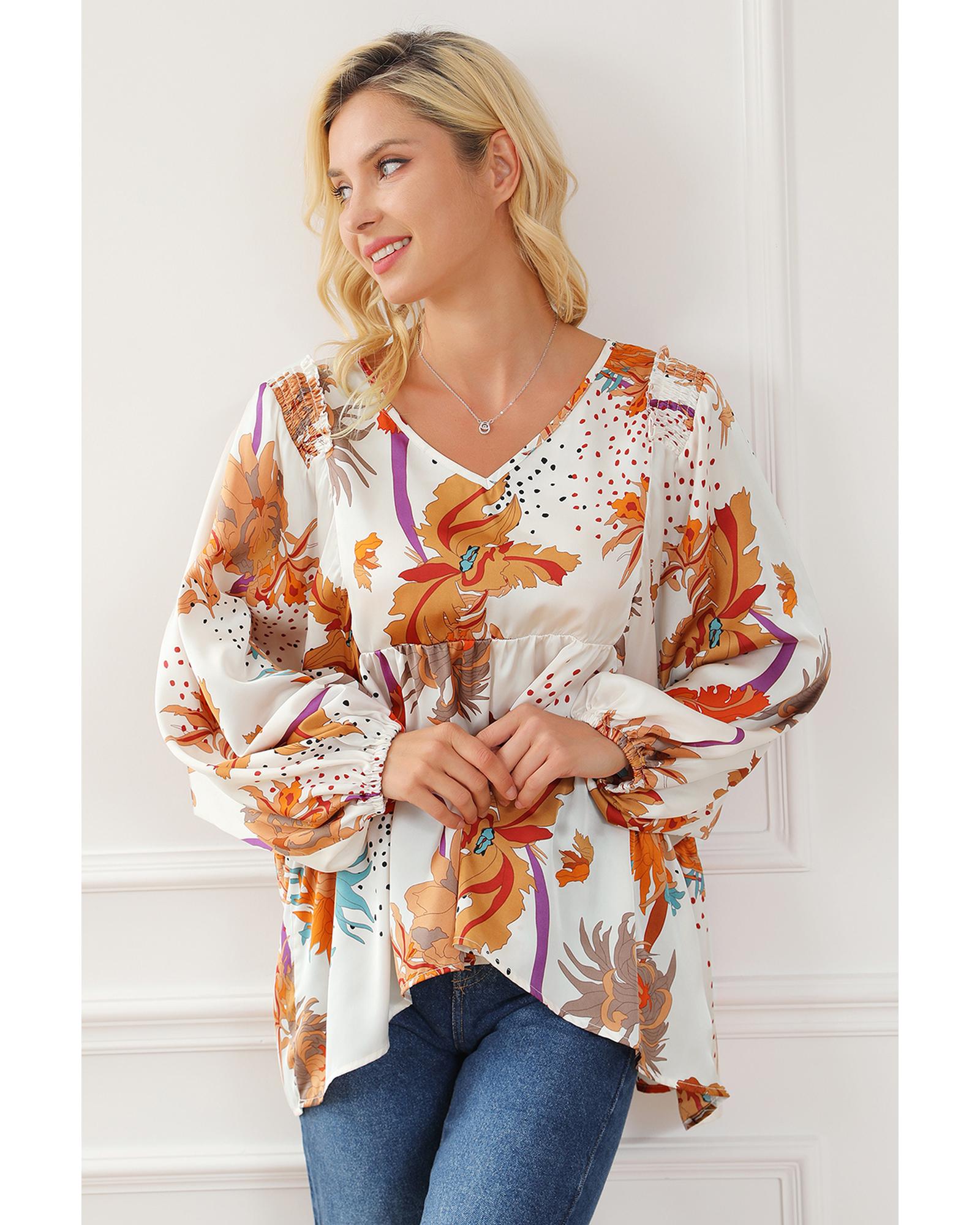 V539-AZEXDC25124539-P22-L-202508271310-00 Multicolour Floral Print V Neck Babydoll Blouse - L - Image 1