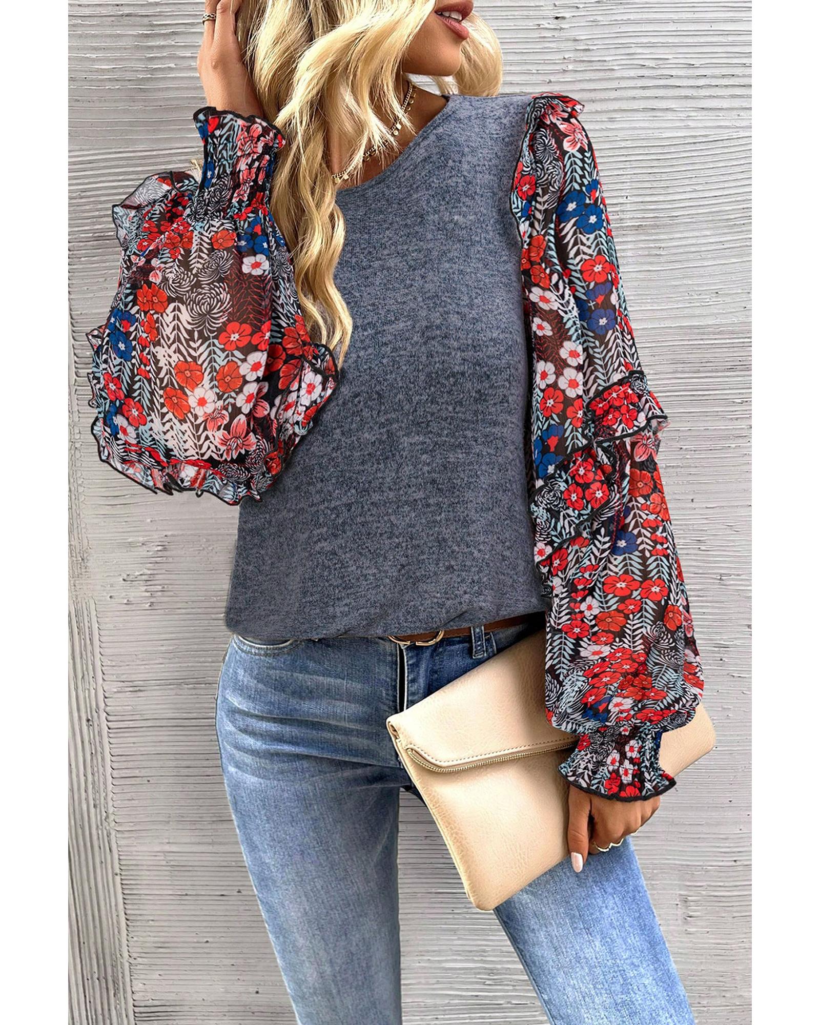 V539-AZEXDC25124544-P520-M-202508272240-00 Blue Ruffle Tiered Floral Sleeve Crew Neck Blouse - M - Image 1