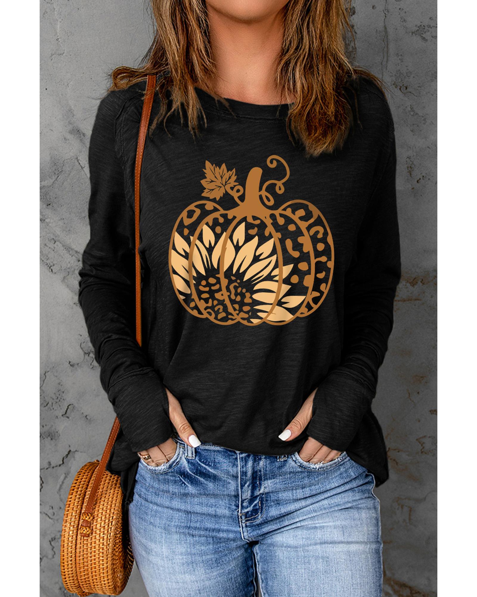 V539-AZEXDC25124693-2-S-202506112115-00 Black Sunflower Pumpkin Graphic Thumbhole Sleeve Top - S - Image 1
