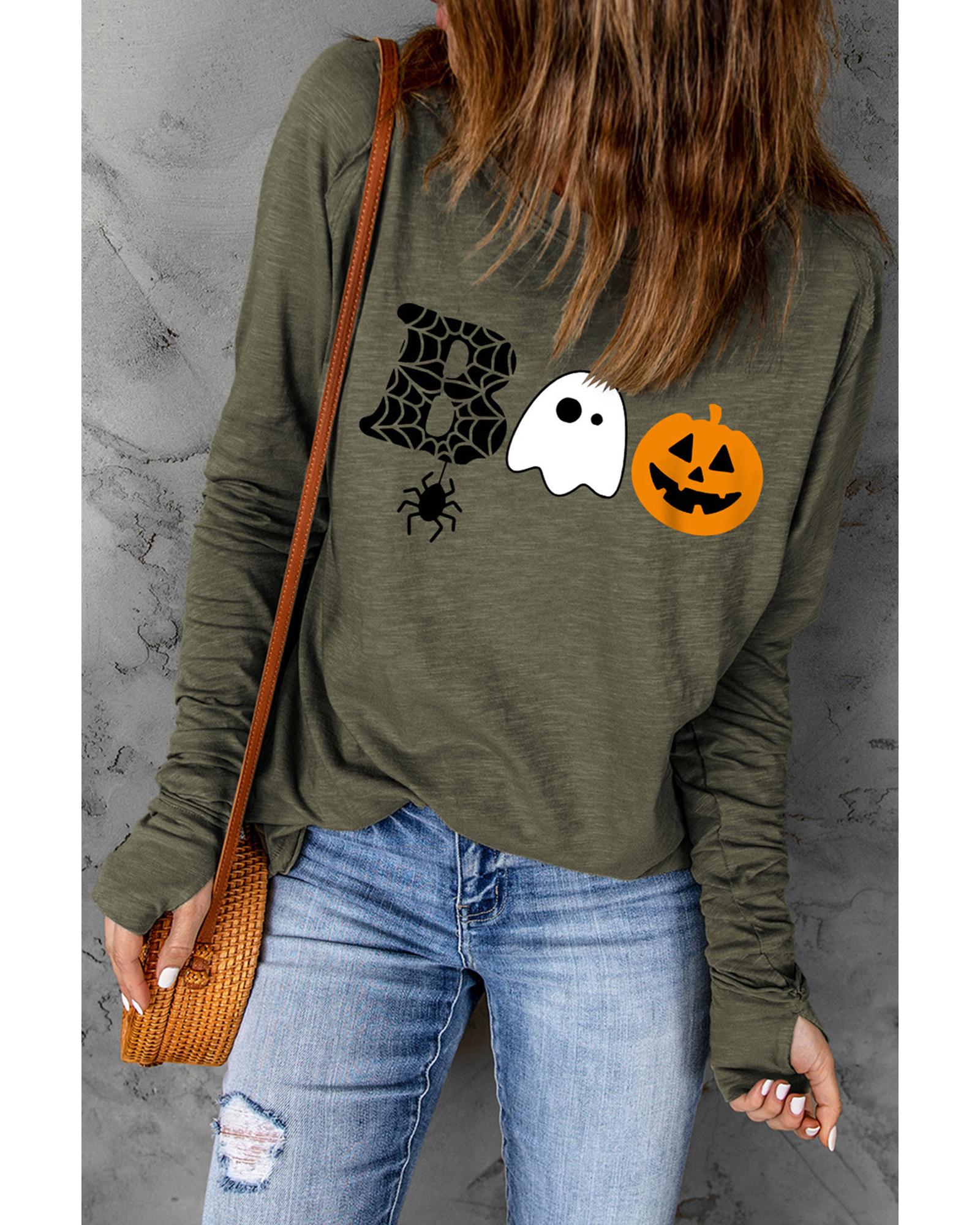 V539-AZEXDC25124699-9-L-202508271500-00 Green Halloween BOO Print Long Sleeve Graphic T Shirt - L - Image 1